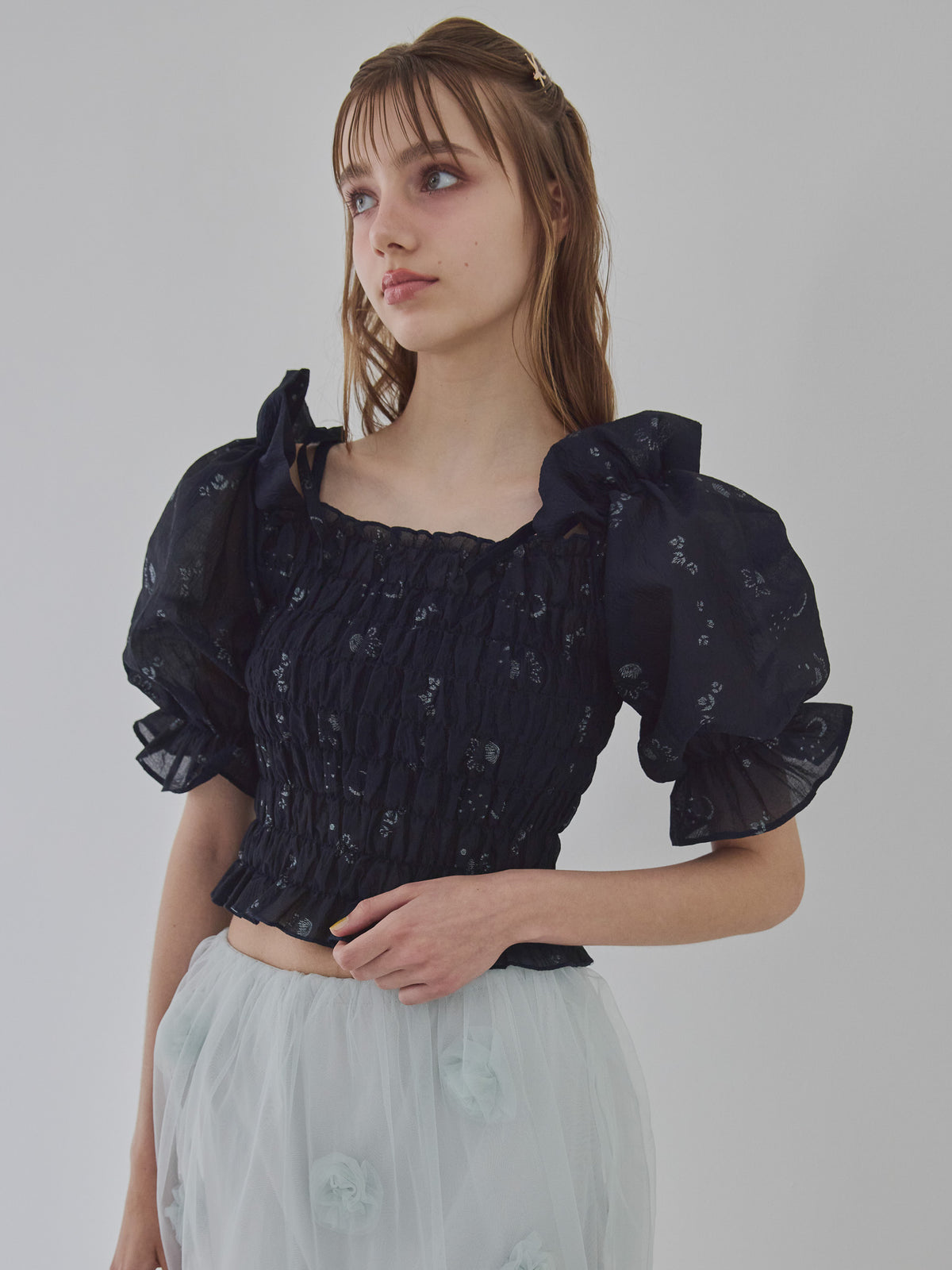 Sheer jacquard off shoulder blouse ネイビー size:M model:175cm MARTA