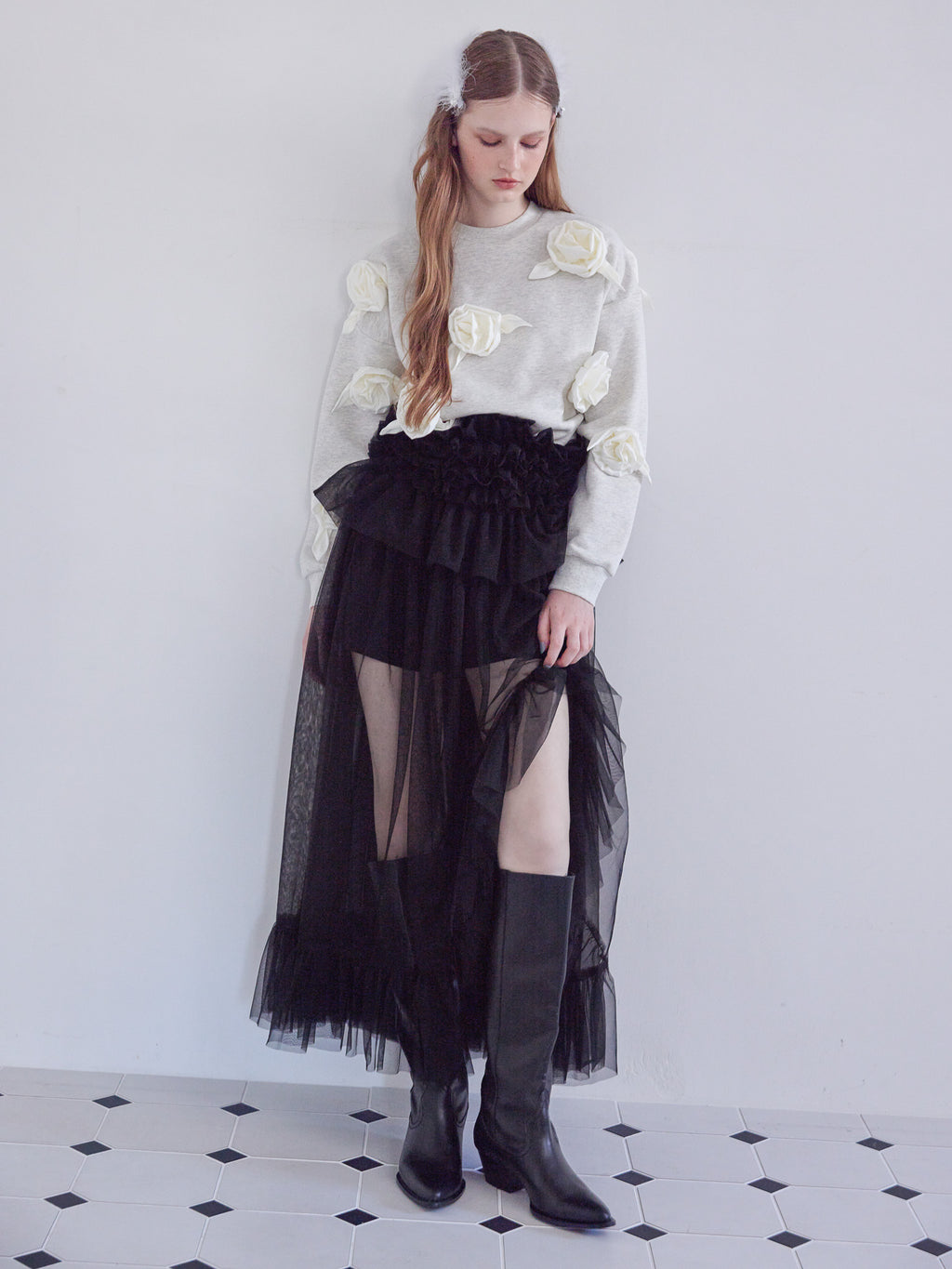 Frill tulle skirt & shorts set ブラック size:M model:173cm ALINA