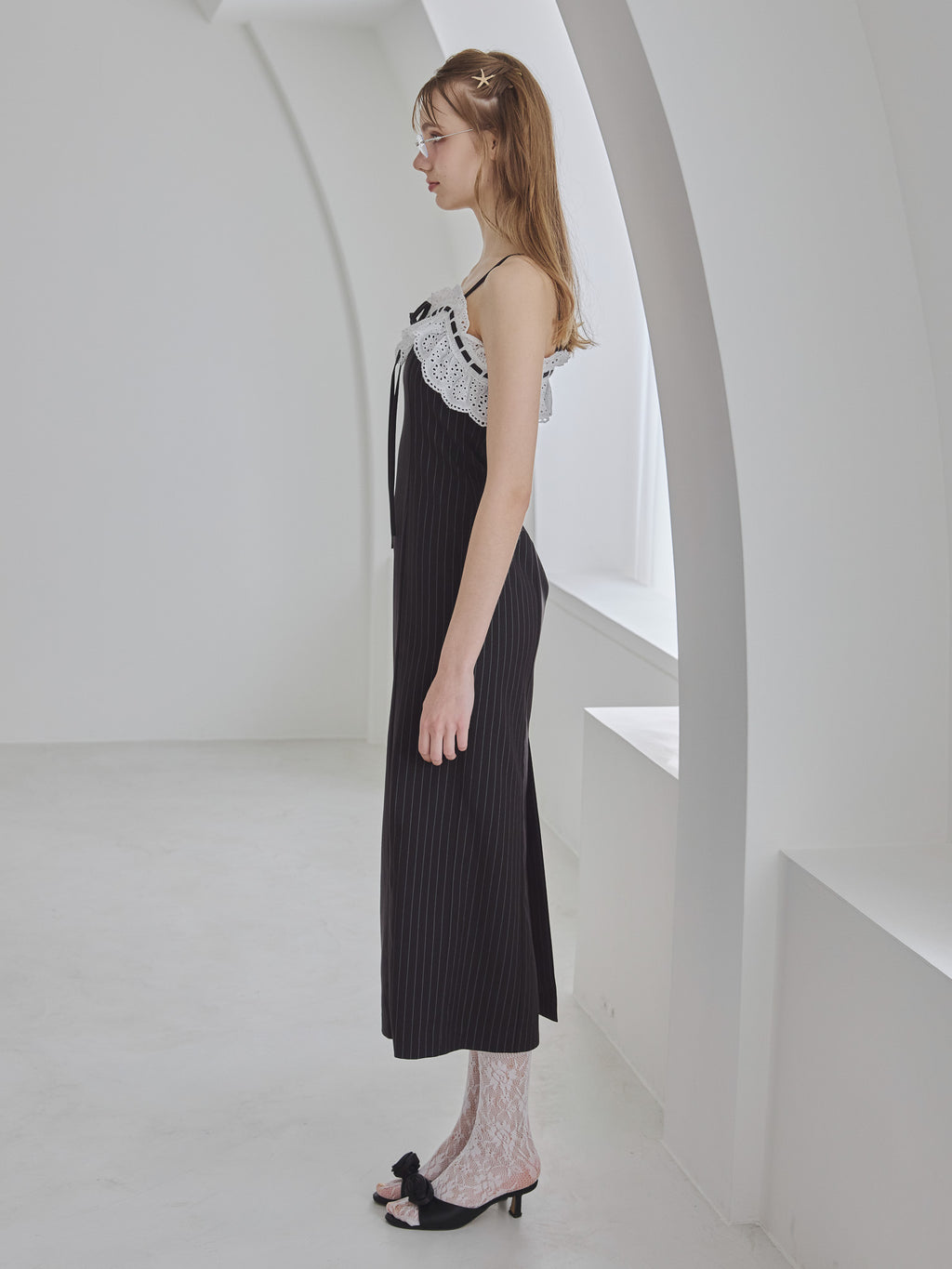 Lace ribbon stripe tight dress ブラック size:M model:175cm MARTA