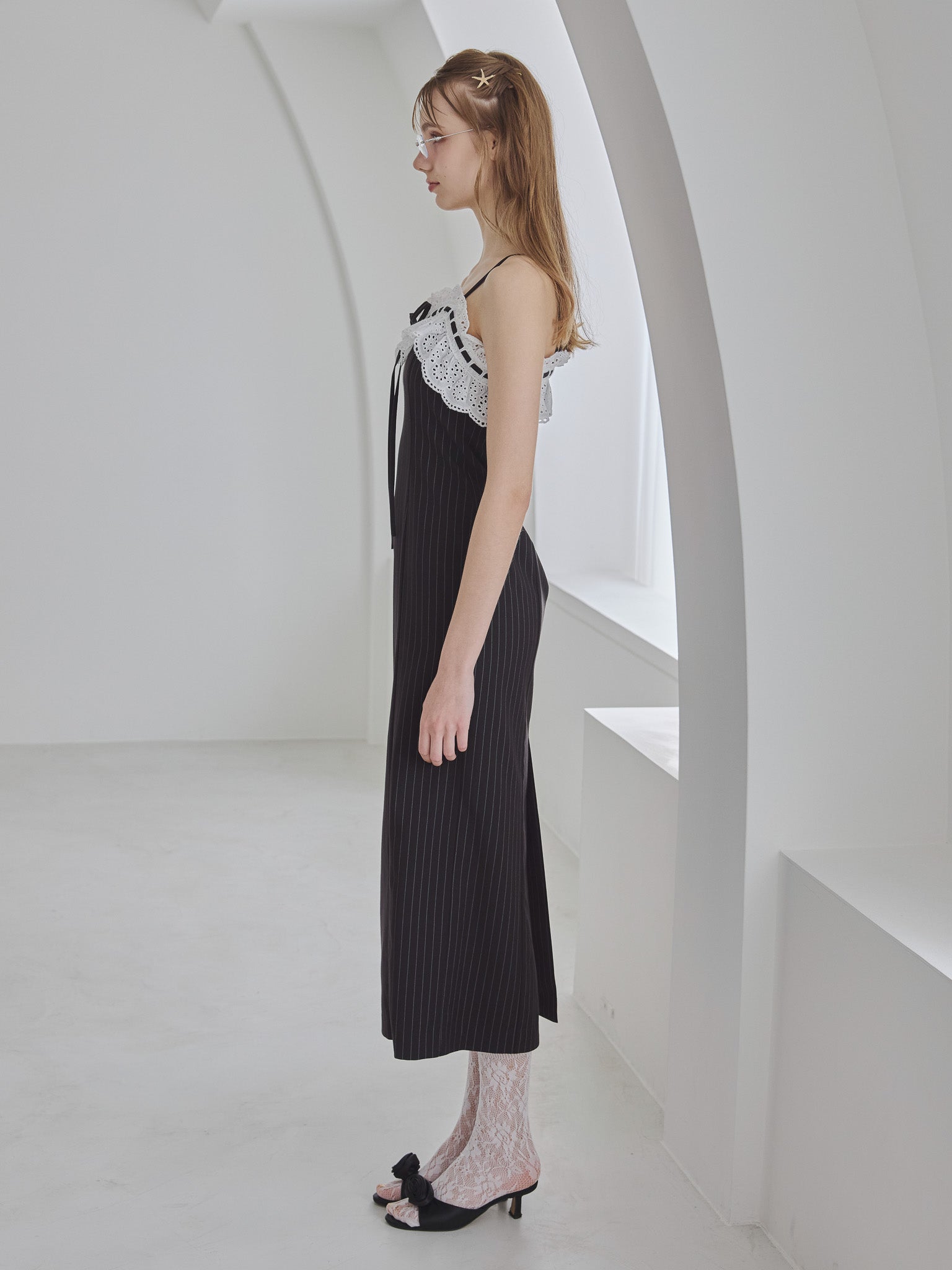 Lace ribbon stripe tight dress ブラック size:M model:175cm MARTA