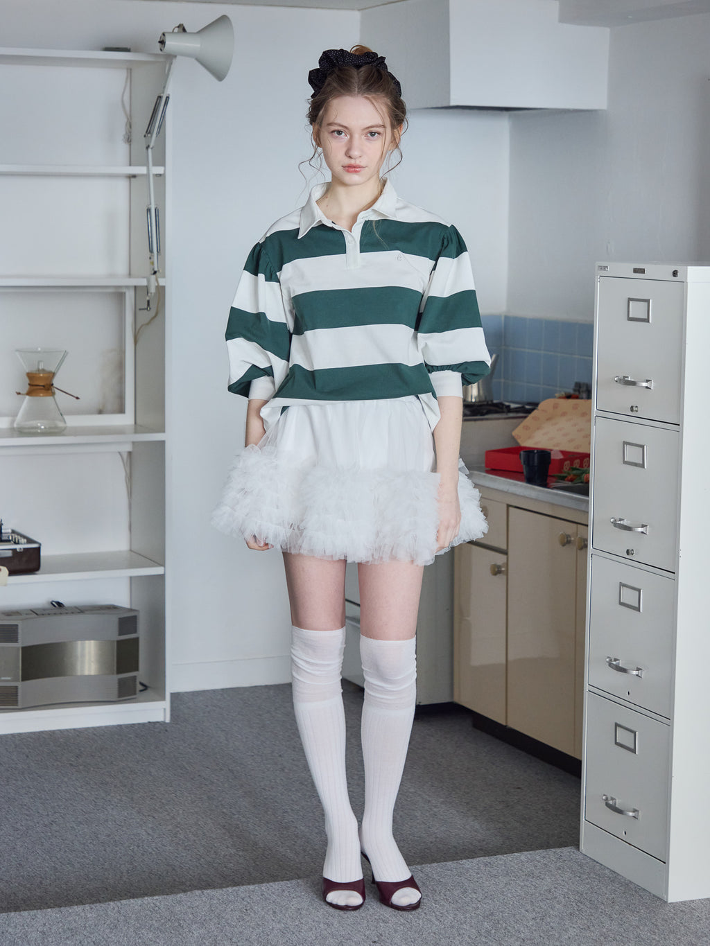Rugby shirt and frill pants skirt グリーン size:M model:171cm ANIUTA