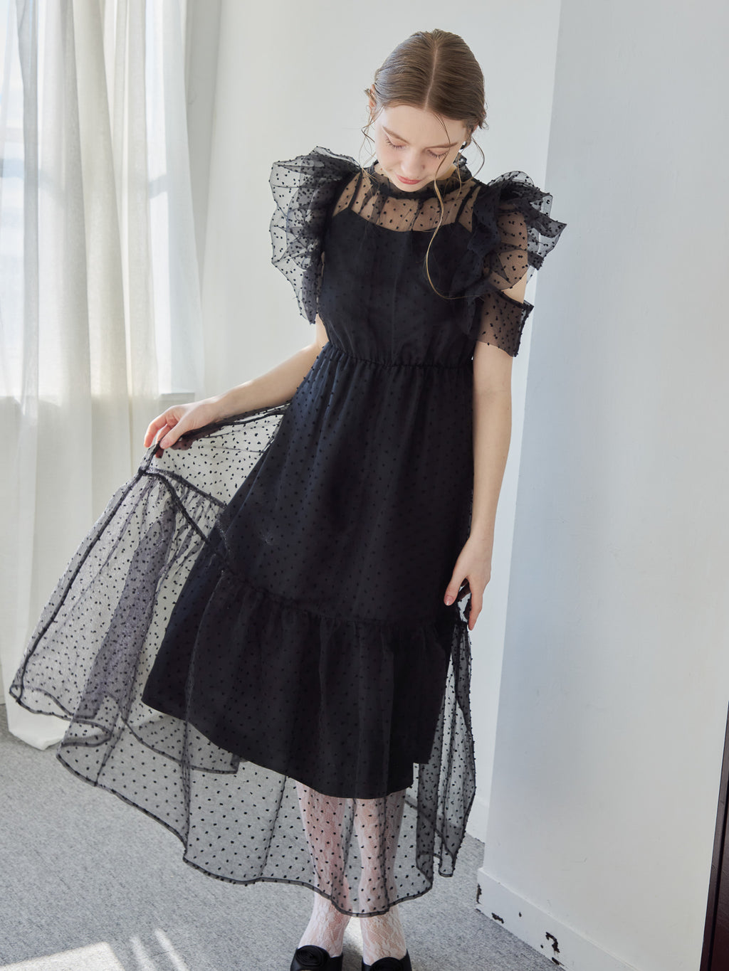 Dot organdy dress ブラック size:M model:171cm ANIUTA