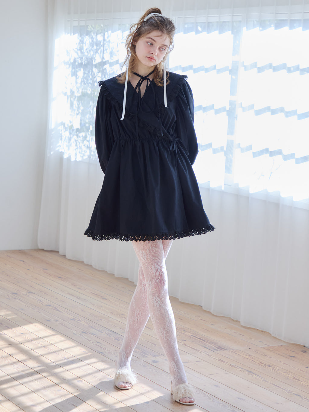 French letter collar wrap mini dress ブラック size:M model:174cm KATERYNA