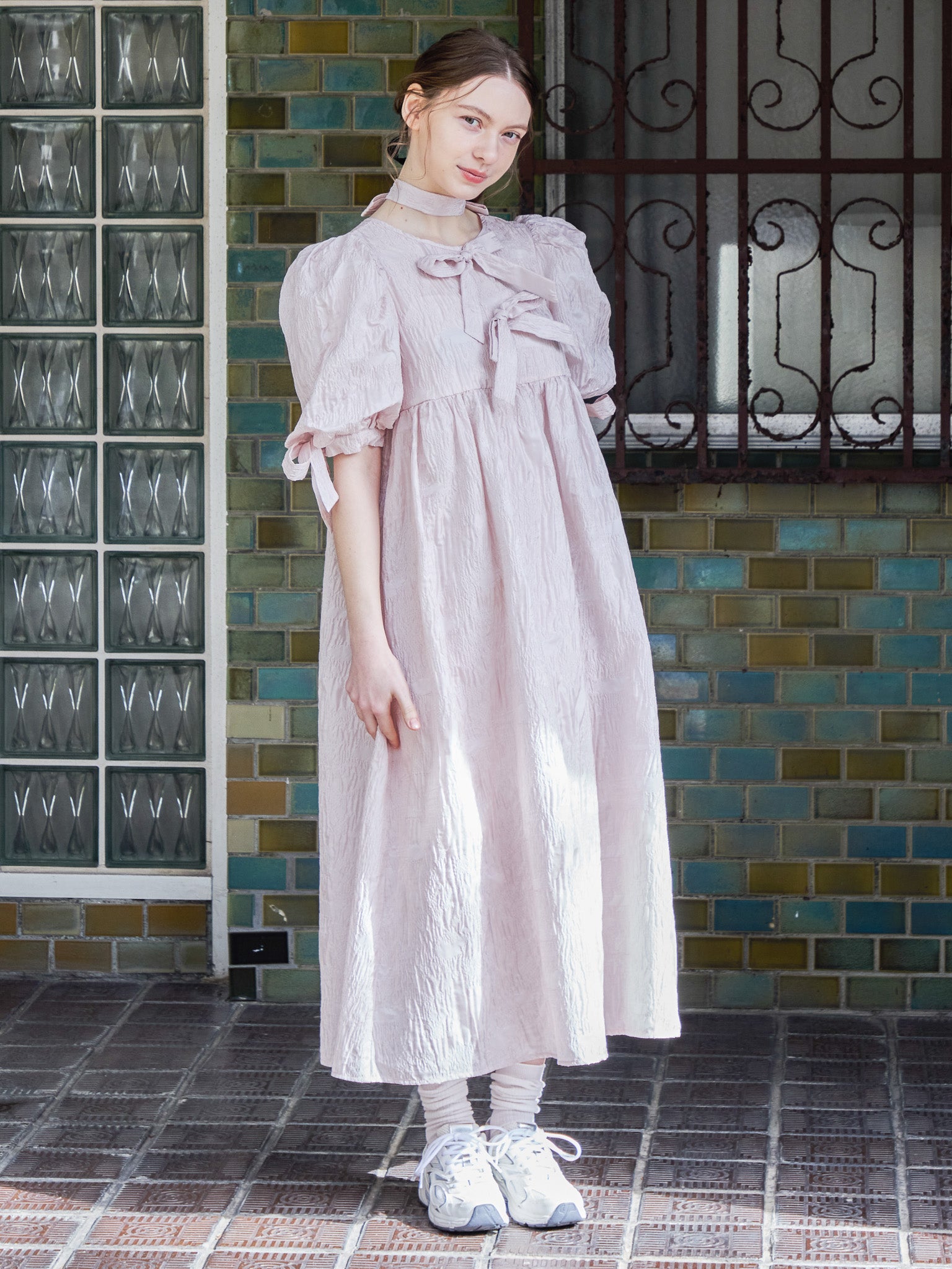Ribbon jaquard volume dress ピンク size:M model:171cm ANIUTA