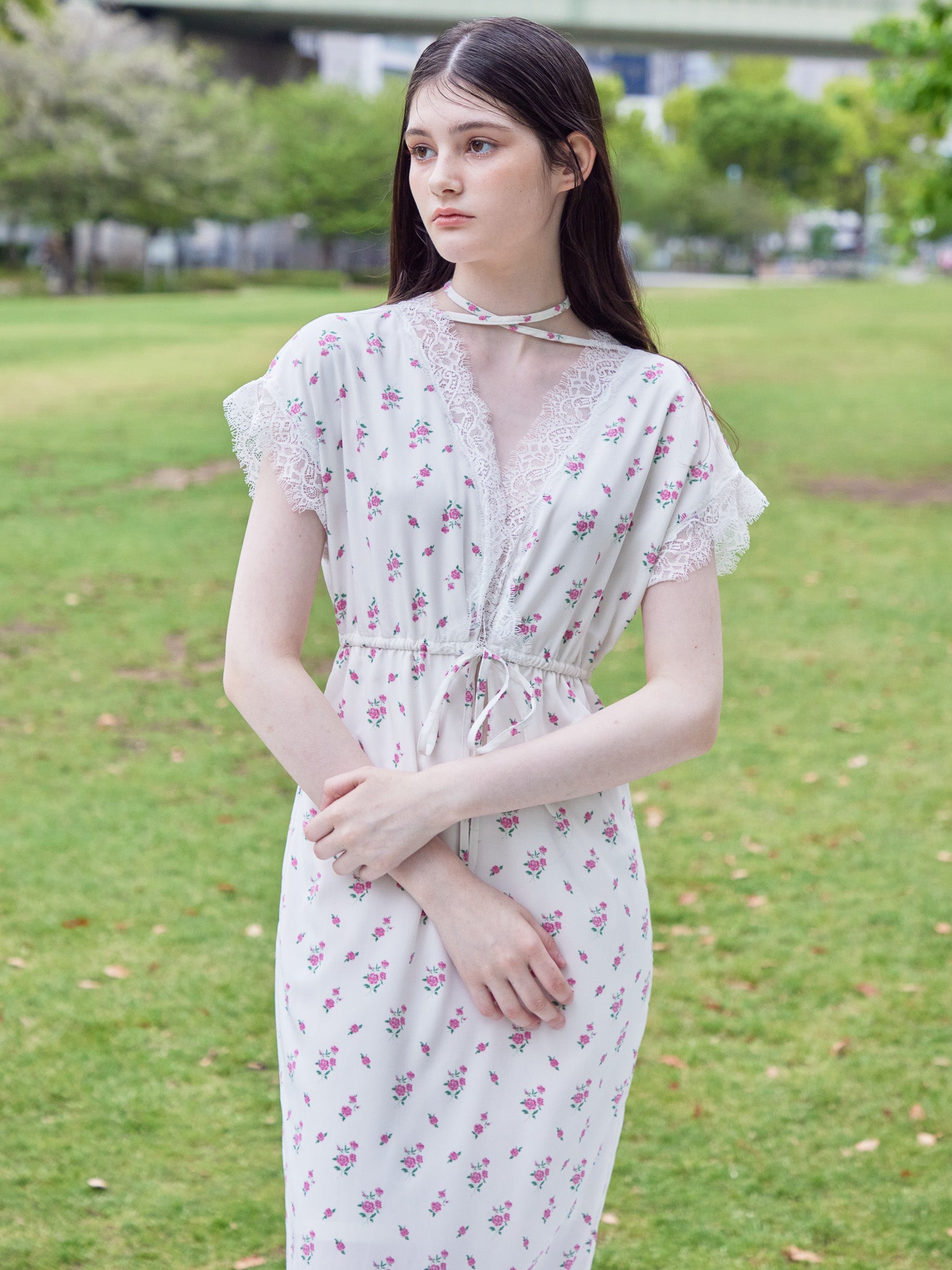 Lace trimming flower dress ピンク size:M model:170cm ALICE