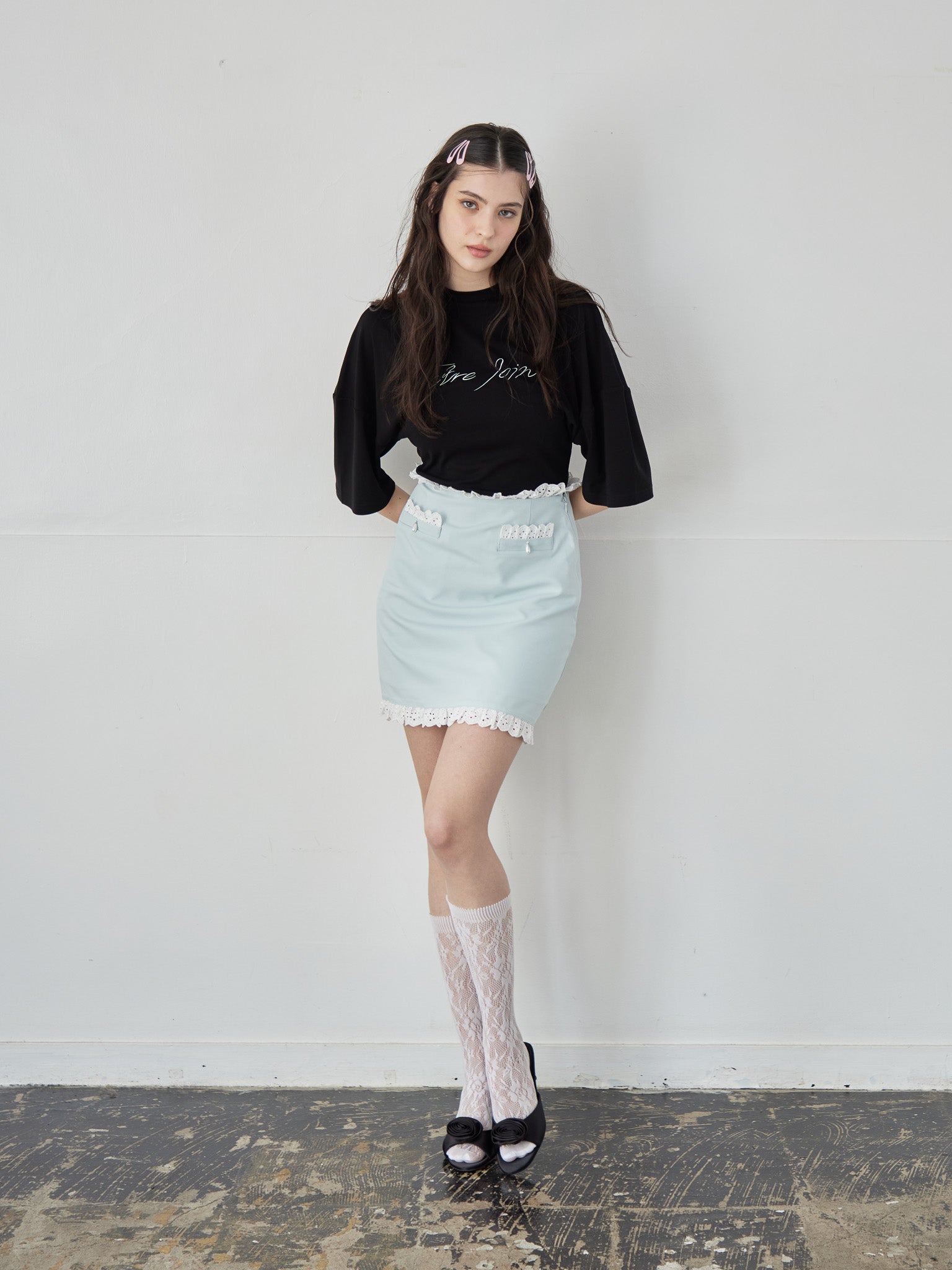 Lace trimming mini skirt ミント size:M model:172cm GINEVRA