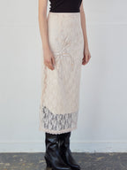 Ribbon embroidered lace tight skirt ピンク