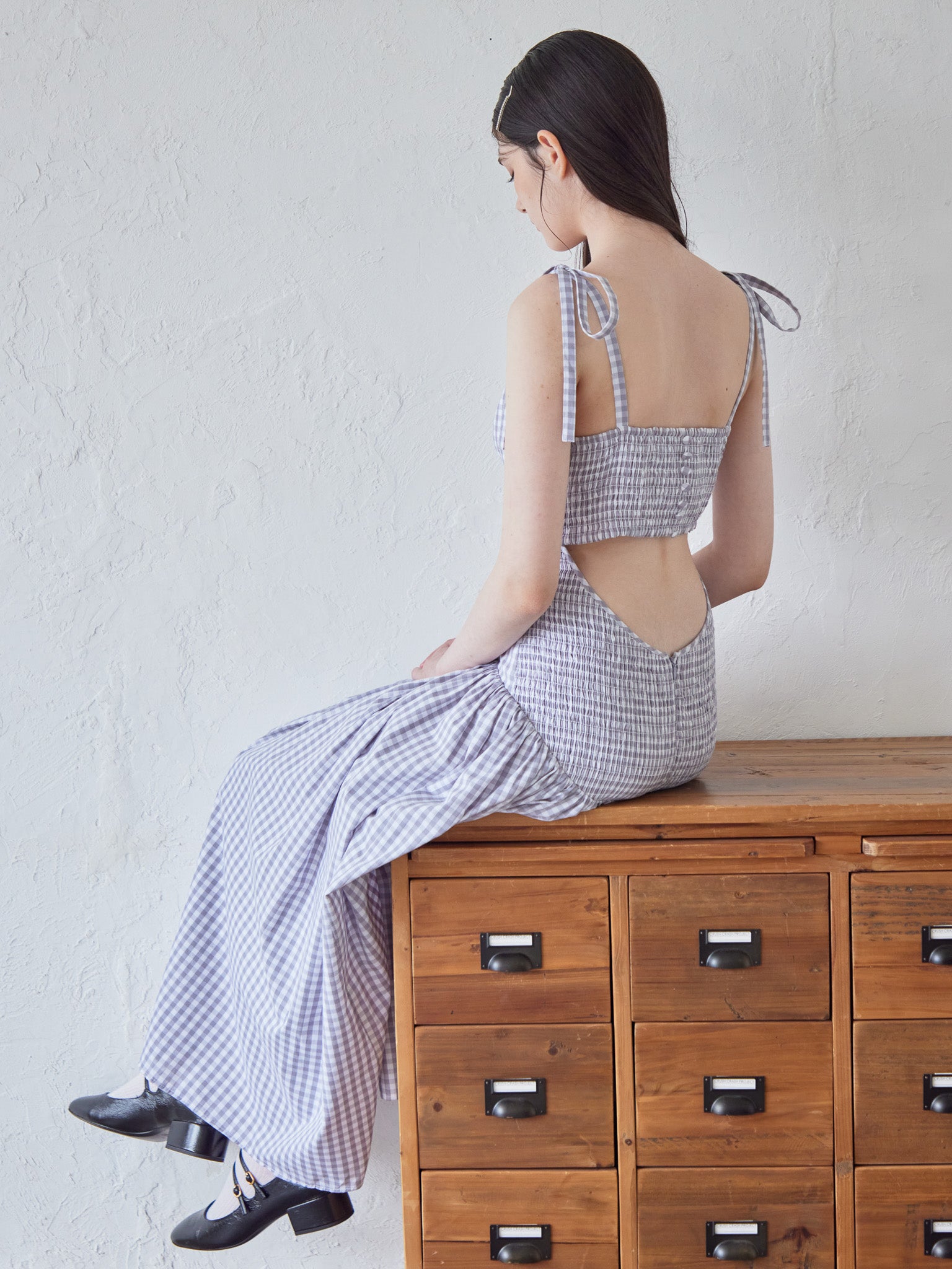 Gingham check back open dress ライトグレー size:M model:170cm ALICE