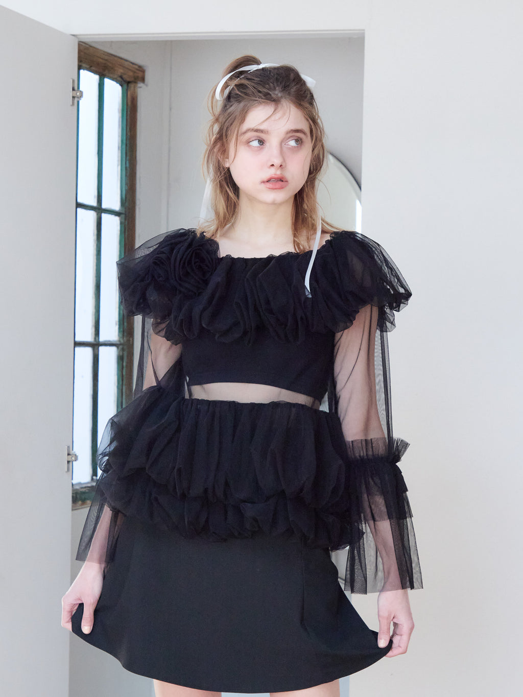 Rose tulle off shoulder blouse ブラック size:M model:174cm KATERYNA