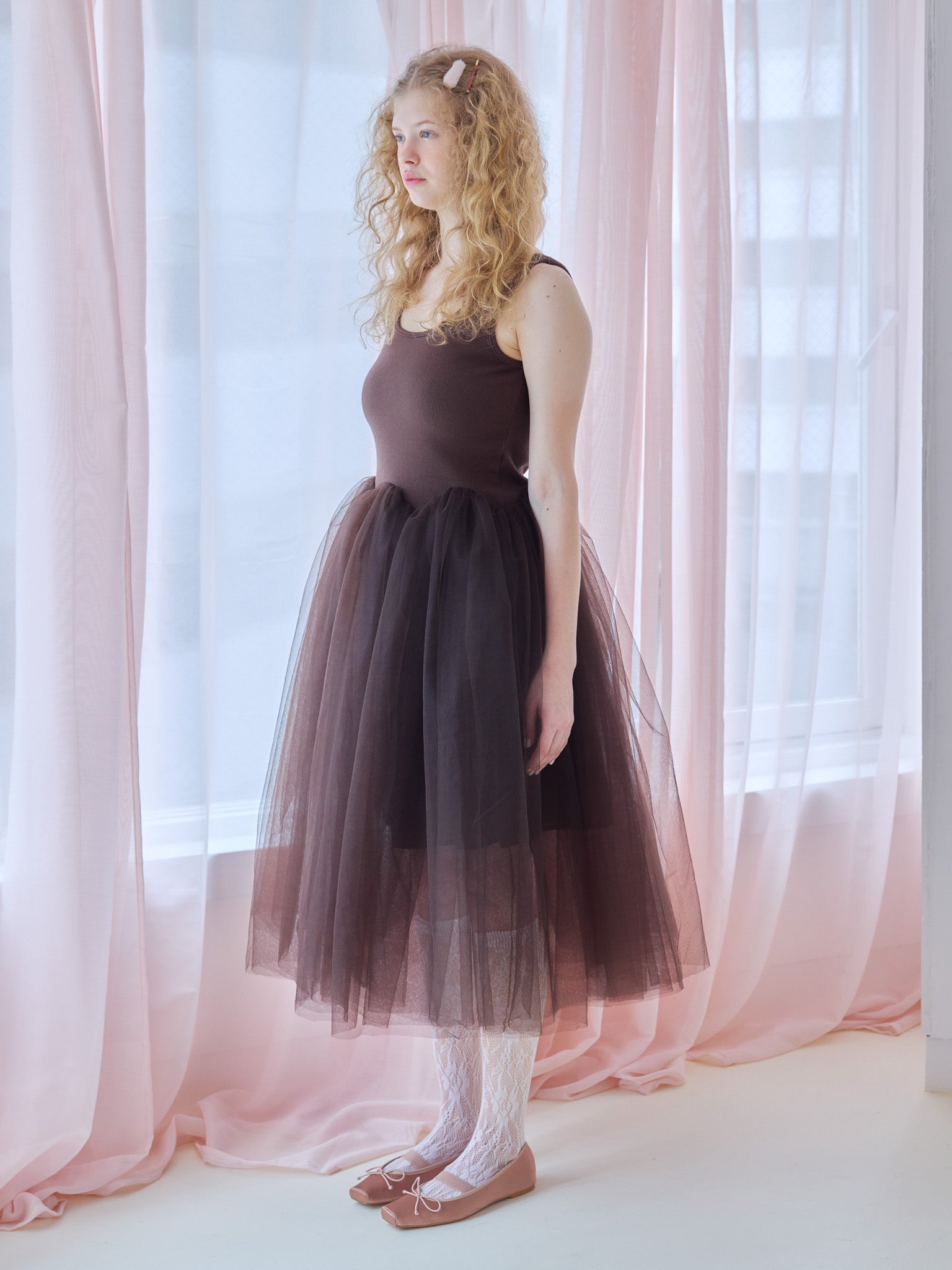 Volume tulle skirt tank dress ブラウン size:M model:173cm Olesia