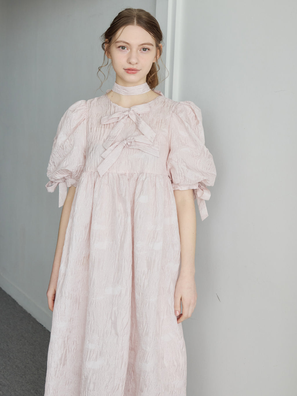 Ribbon jaquard volume dress ピンク size:M model:171cm ANIUTA