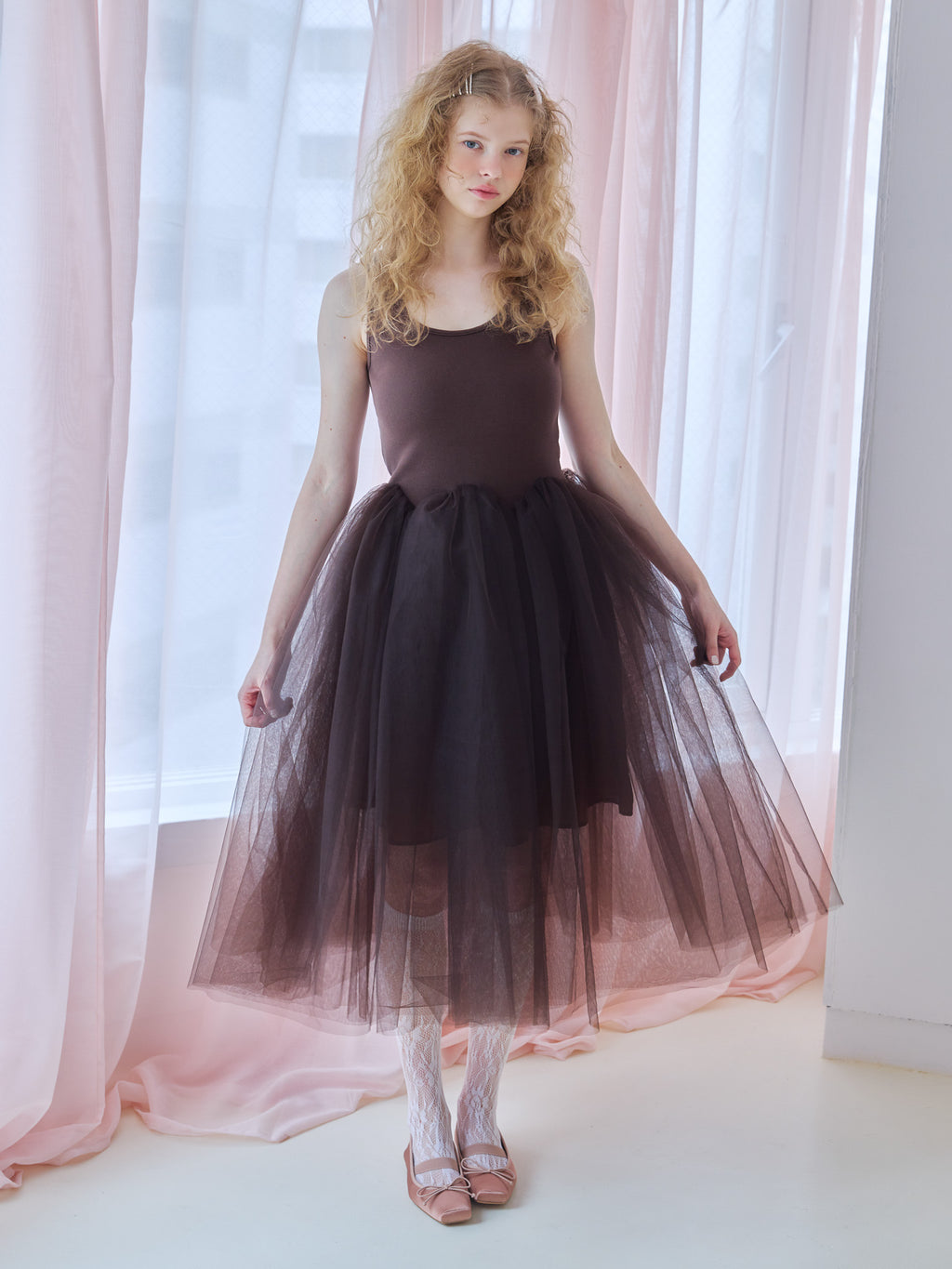 Volume tulle skirt tank dress ブラウン size:M model:173cm Olesia