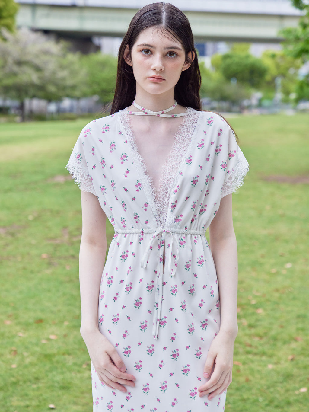 Lace trimming flower dress ピンク size:M model:170cm ALICE