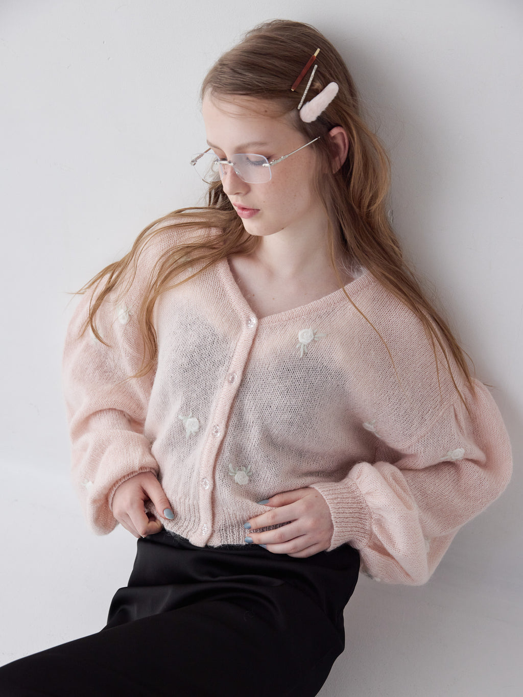 Many rose embroidery cardigan ピンク size:M model:173cm ALINA