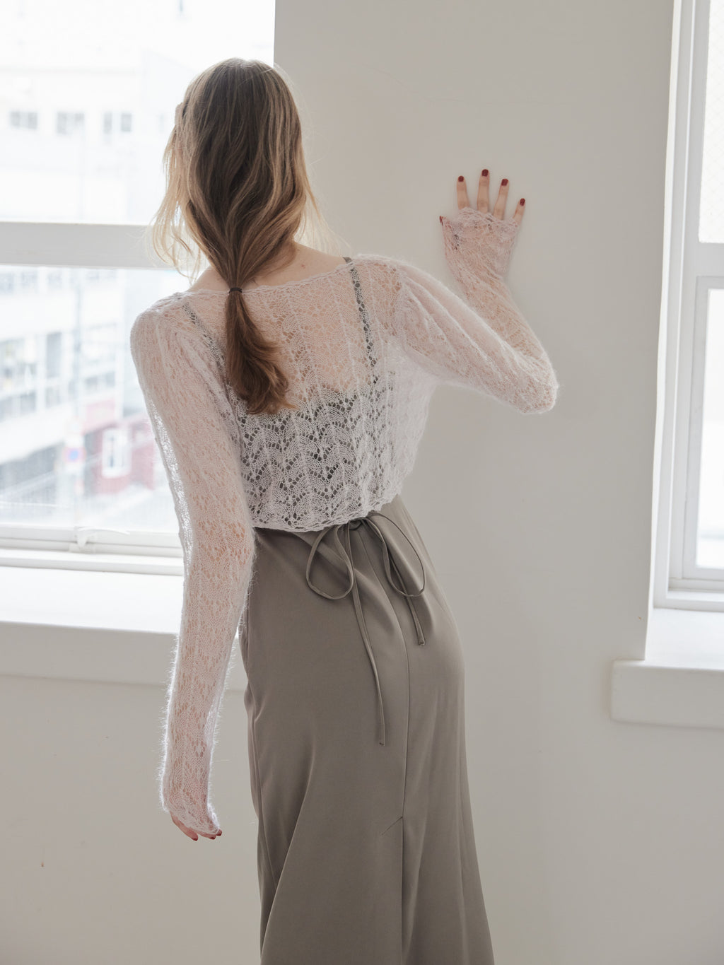 Mohair crochet ribbon cardigan ピンク size:M model:173cm DASHA.G