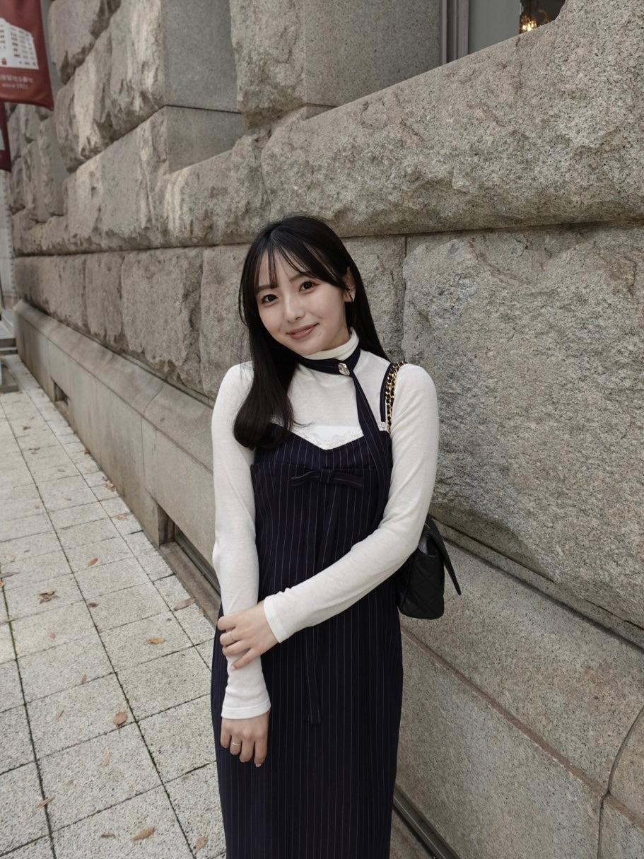 Stripe ribbon tight dress ネイビー