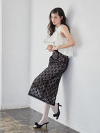Ribbon embroidered lace tight skirt ブラック