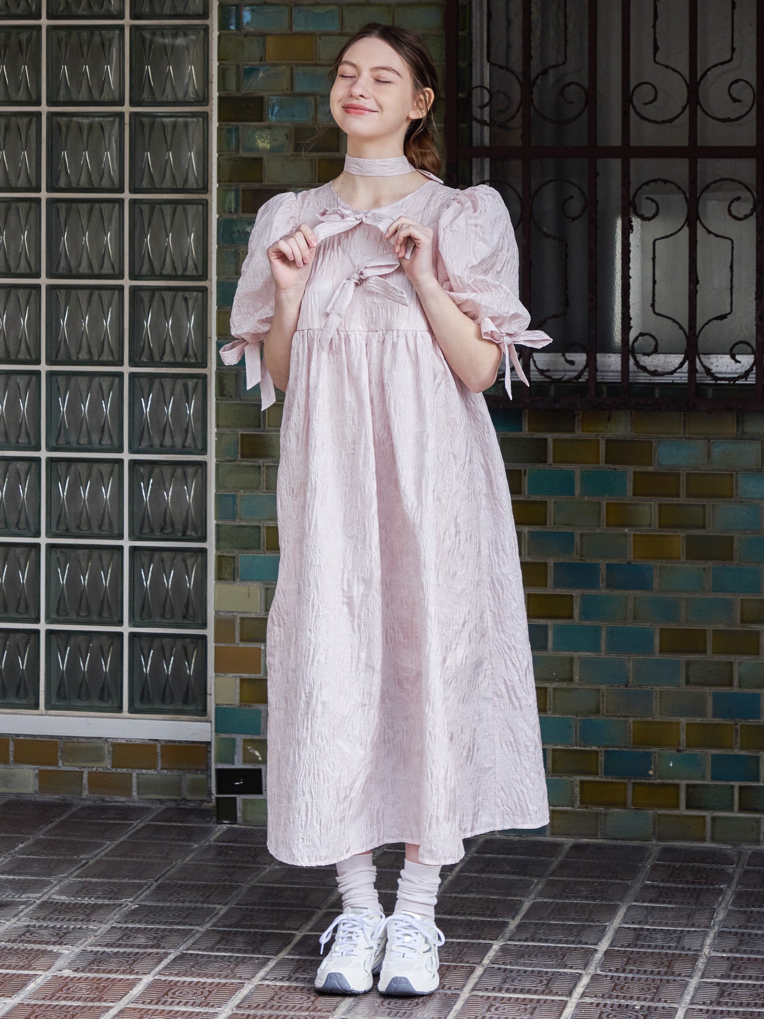 Ribbon jaquard volume dress ピンク size:M model:171cm ANIUTA
