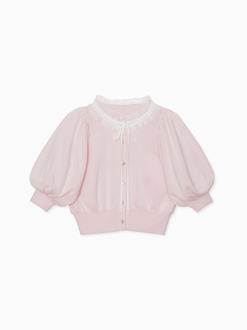 Lace collar puff sleeve cardigan ピンク