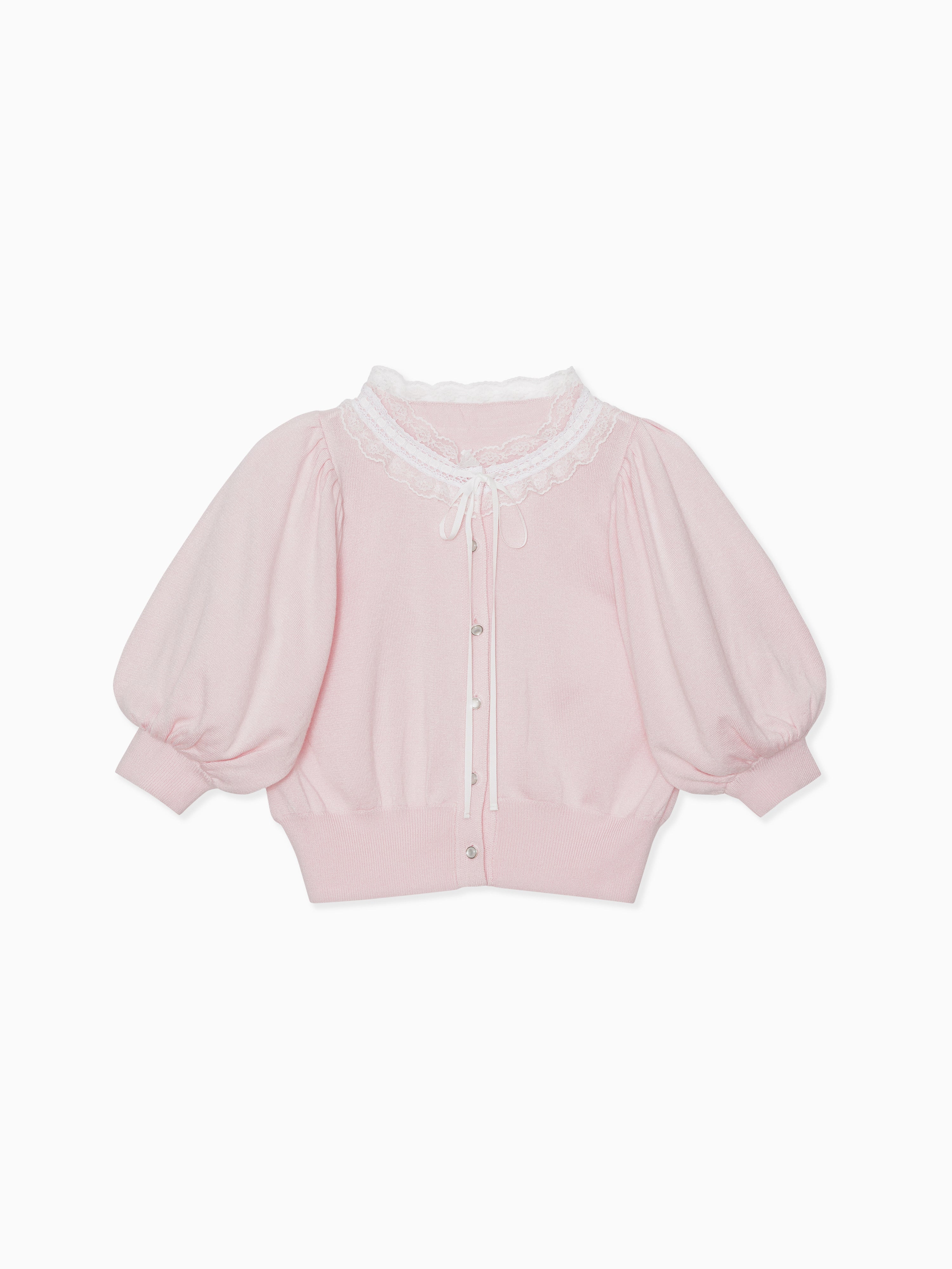 Lace collar puff sleeve cardigan ピンク