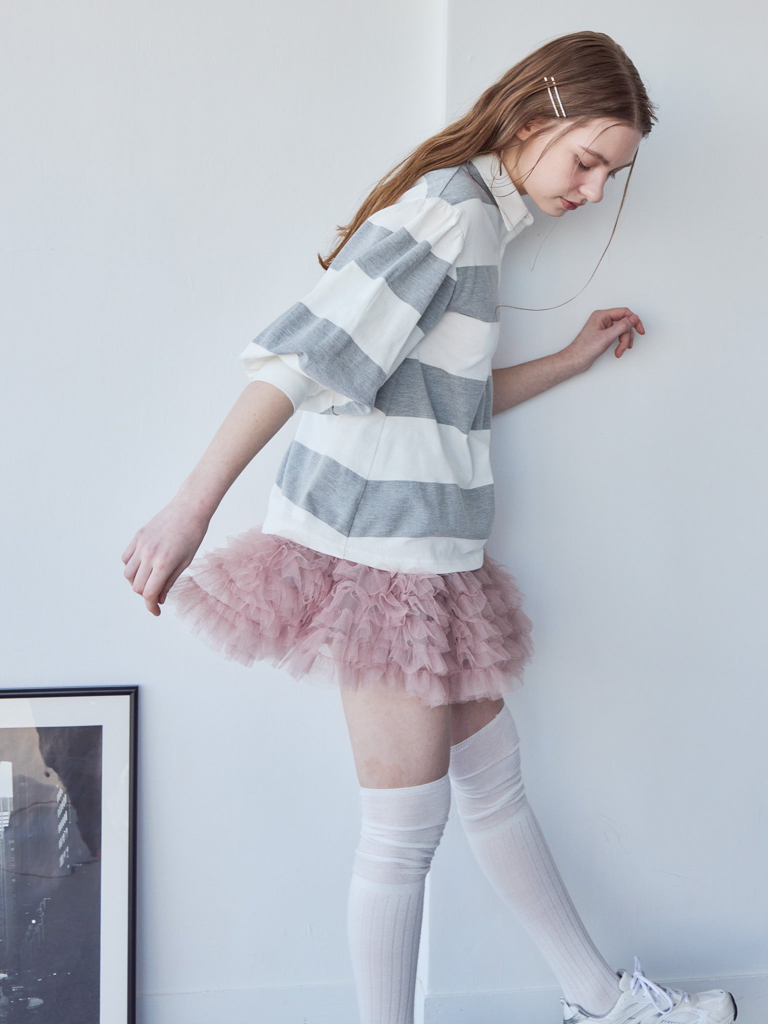 Rugby shirt and frill pants skirt グレー size:M model:171cm ANIUTA