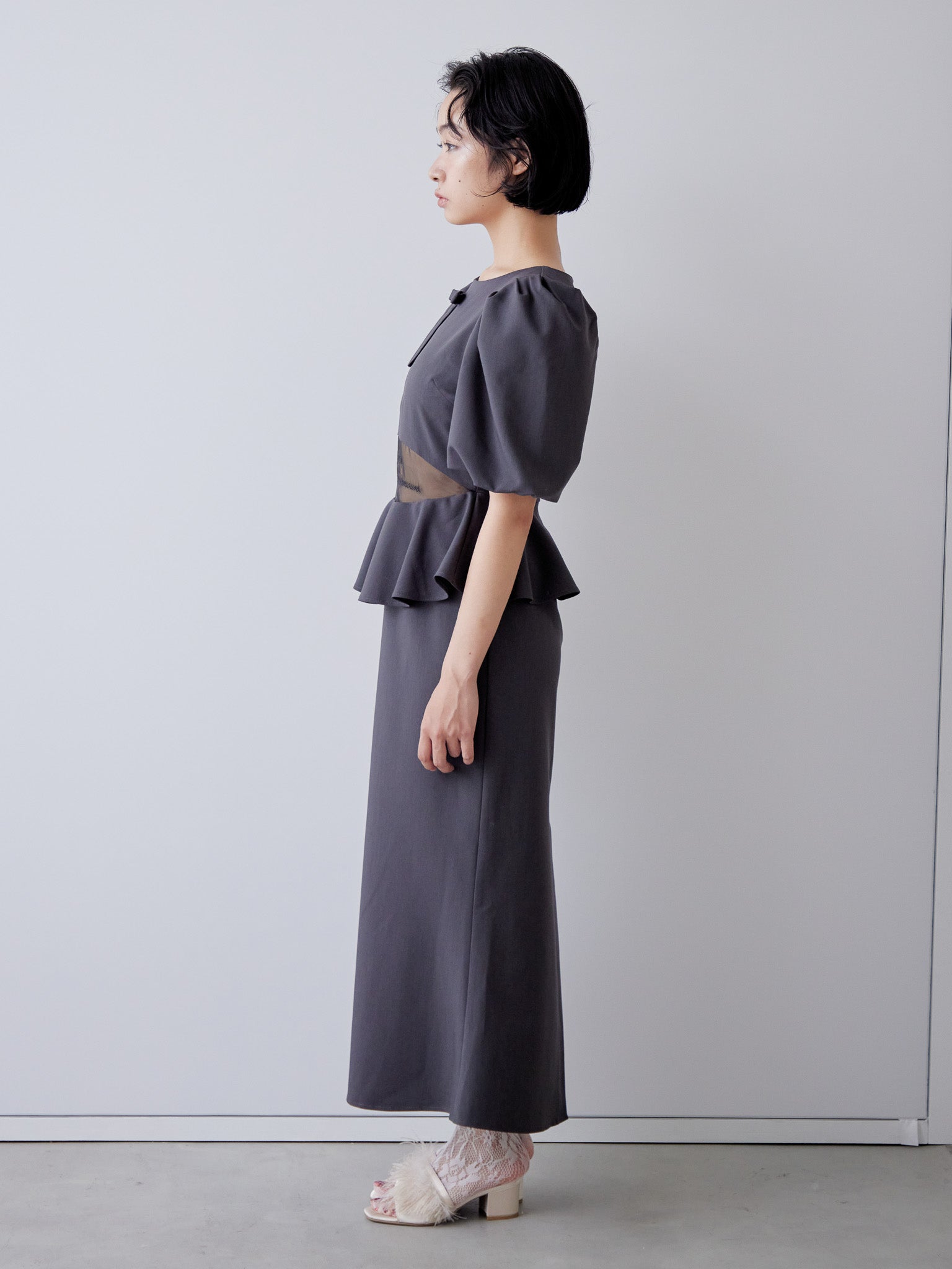 Sheer embroidered puff sleeve dress グレー size:M model:161cm 富樫かなえ