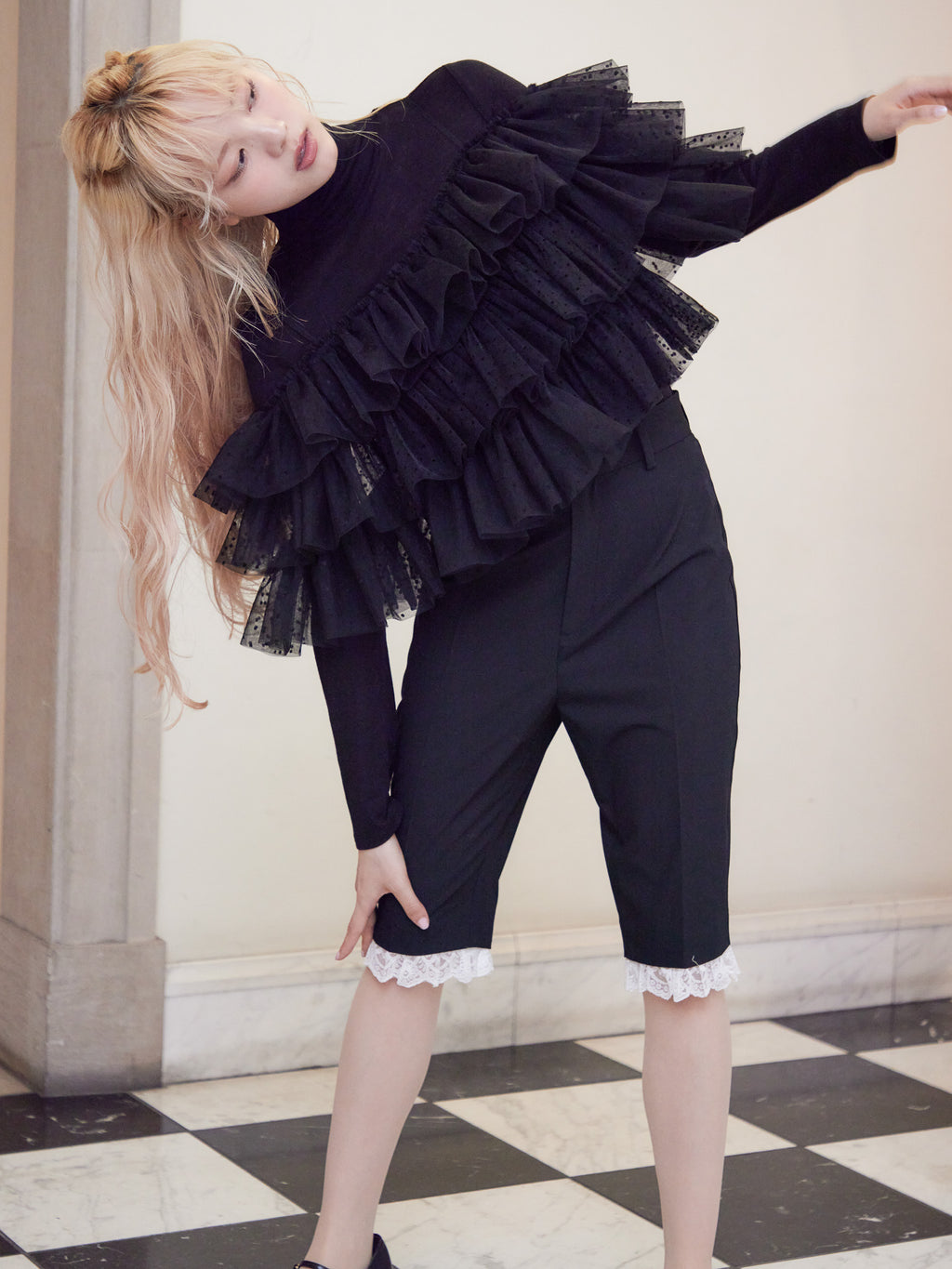 Dot tulle ruffle & knit top set ブラック size:M model:163cm MINAMI
