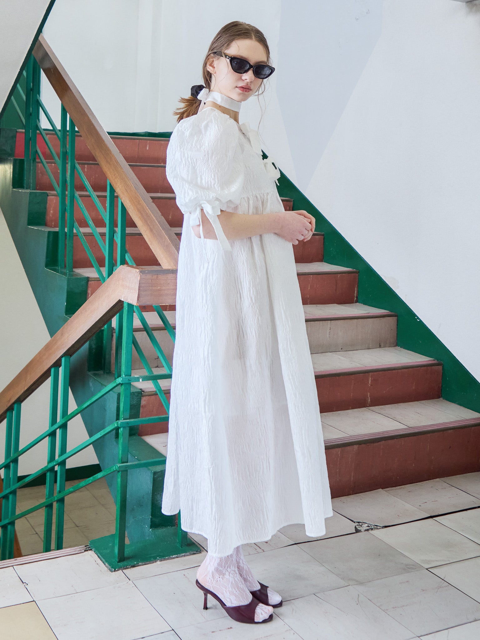 Ribbon jaquard volume dress ホワイト size:M model:171cm ANIUTA