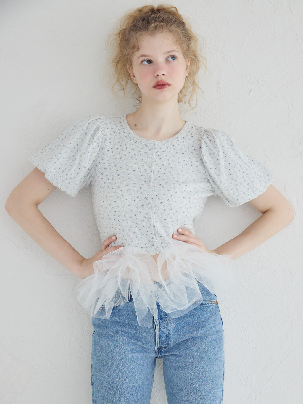 Tulle hem small floral print cardigan グレー size:M model:173cm Olesia