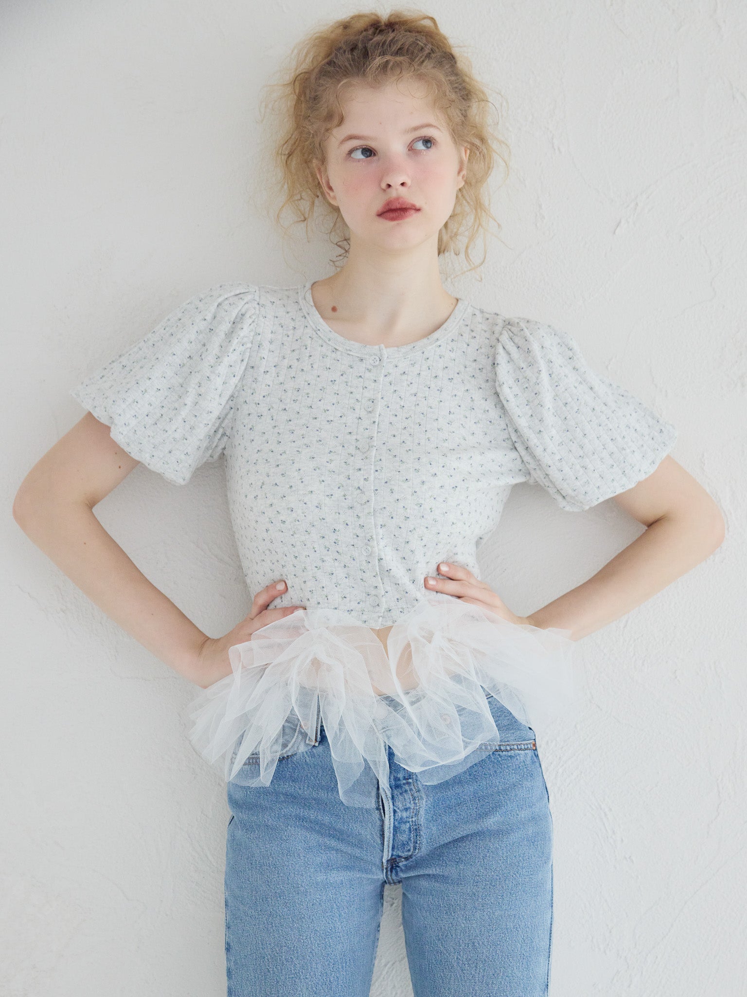Tulle hem small floral print cardigan グレー size:M model:173cm Olesia