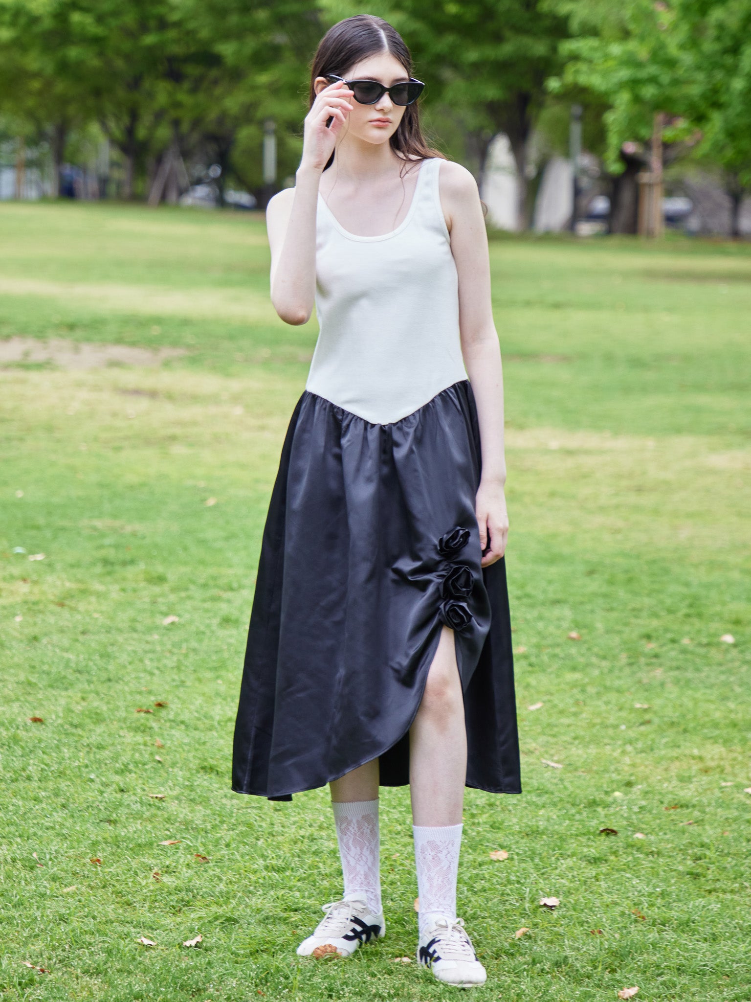 Rose satin docking rib dress ブラック size:M model:170cm ALICE