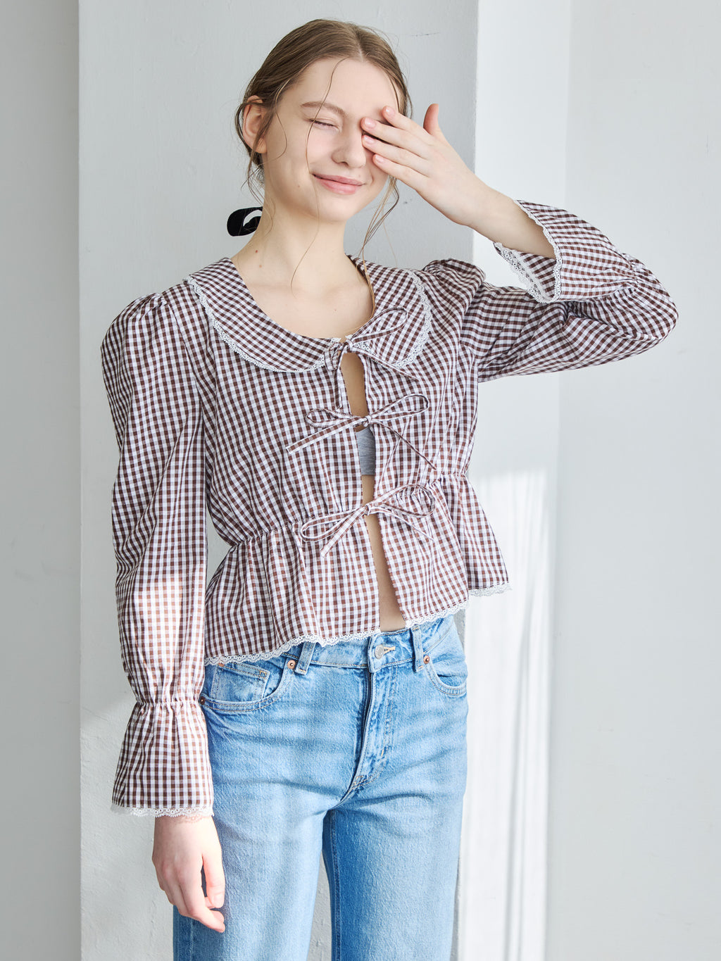 Front ribbon blouse ブラウン size:M model:171cm ANIUTA