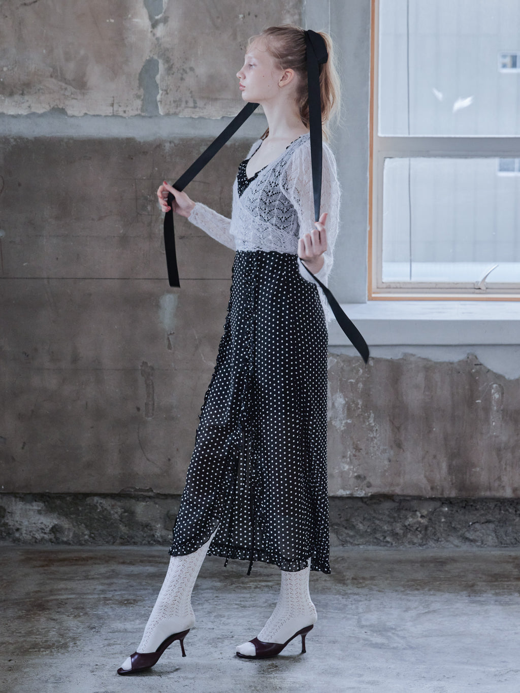 Mohair crochet ribbon cardigan ライトグレー size:M model:173cm DASHA.G