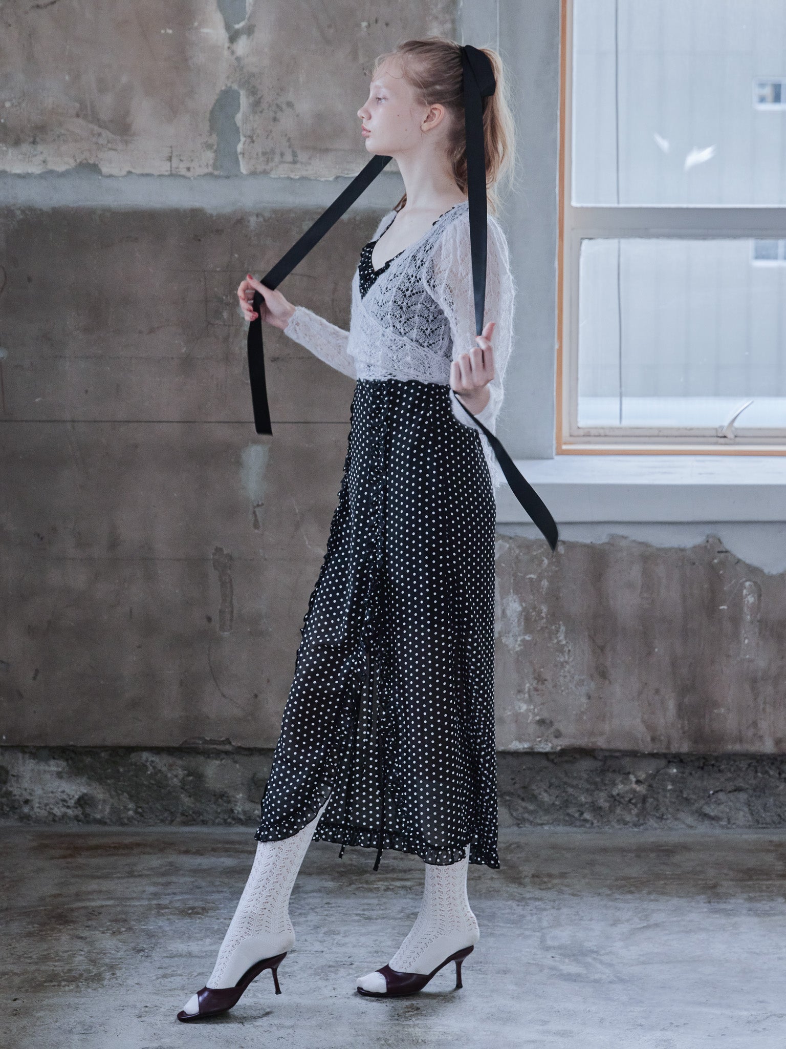 Mohair crochet ribbon cardigan ライトグレー size:M model:173cm DASHA.G
