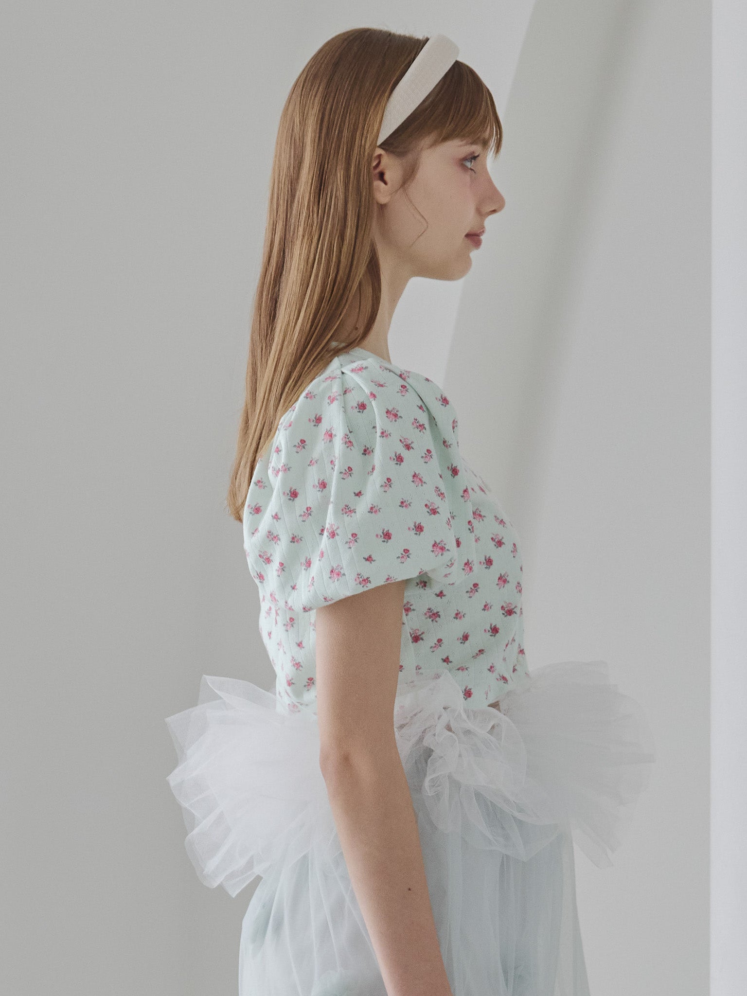 Tulle hem small floral print cardigan ミント size:M model:175cm MARTA
