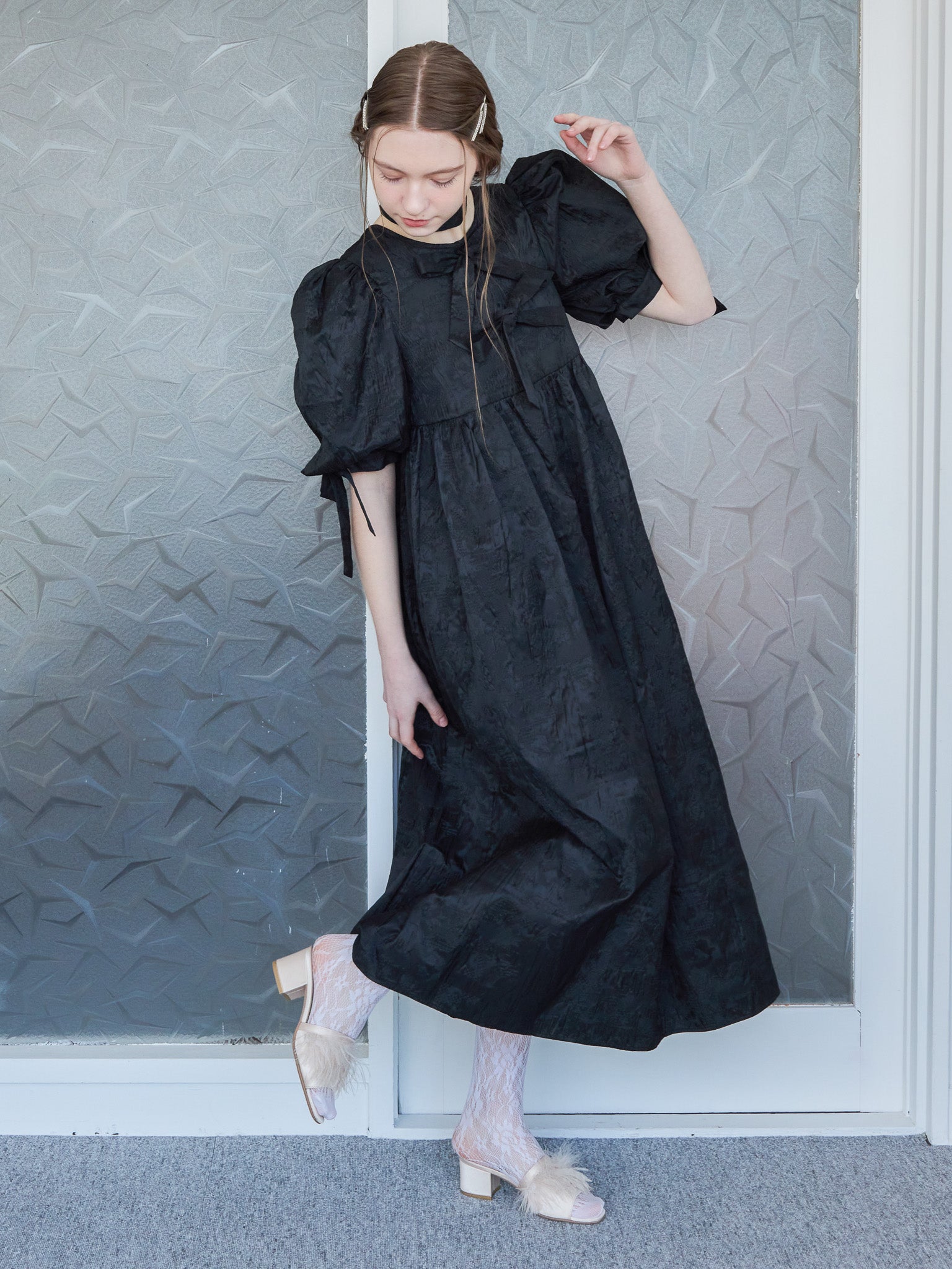 Ribbon jaquard volume dress ブラック size:M model:171cm ANIUTA