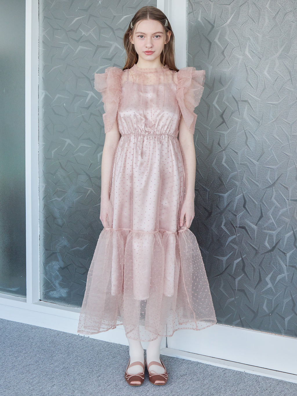 Dot organdy dress ピンクベージュ size:M model:171cm ANIUTA