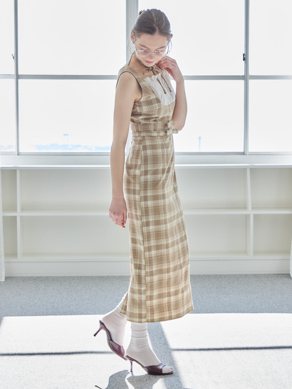 Ribbon waist dress チェック size:M model:171cm ANIUTA