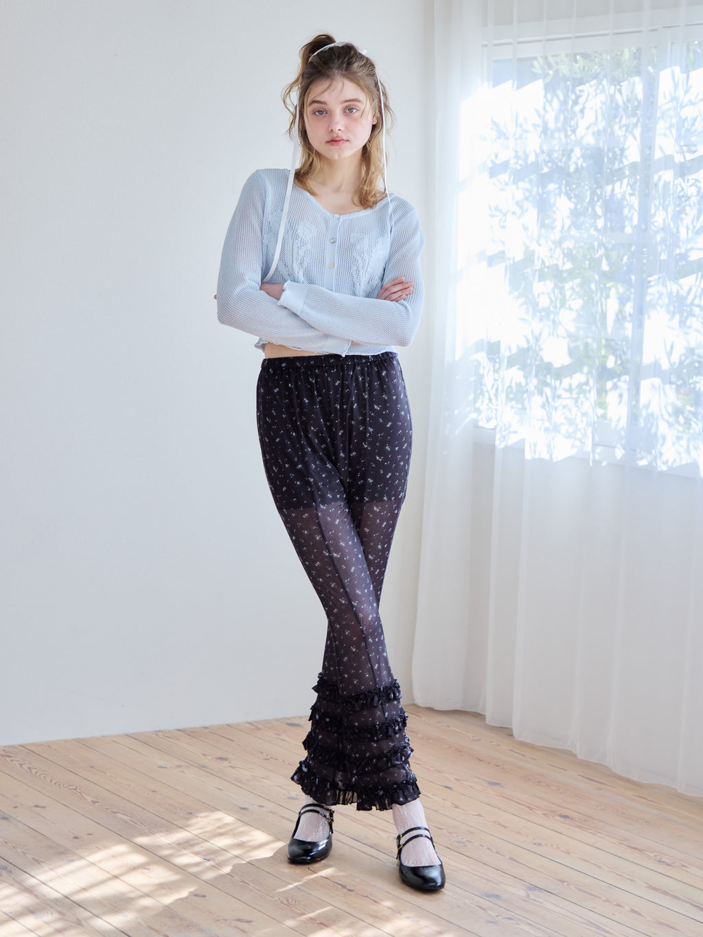 Frill tulle print pants ブラック size:M model:174cm KATERYNA