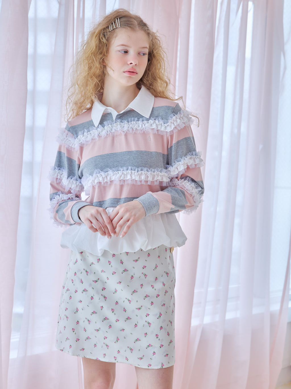 Balloon hem rugby shirt ピンク size:M model:173cm Olesia