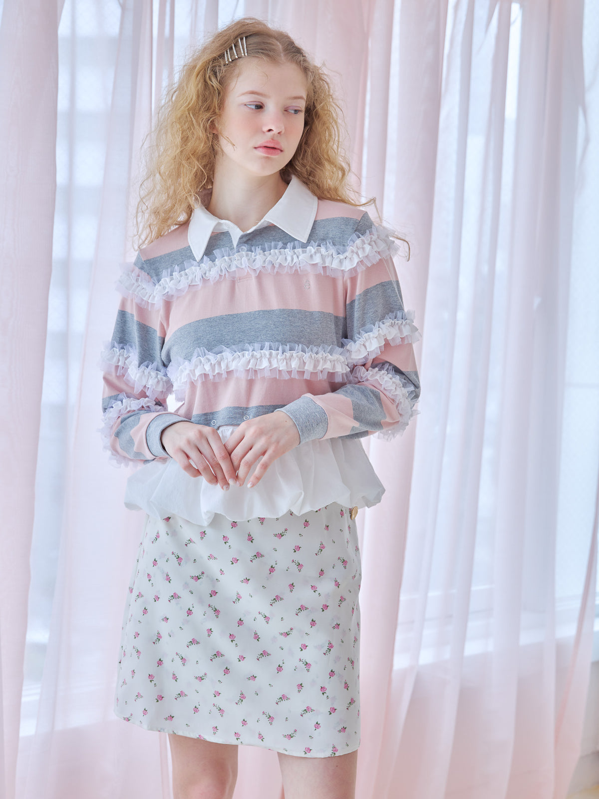 Balloon hem rugby shirt ピンク size:M model:173cm Olesia