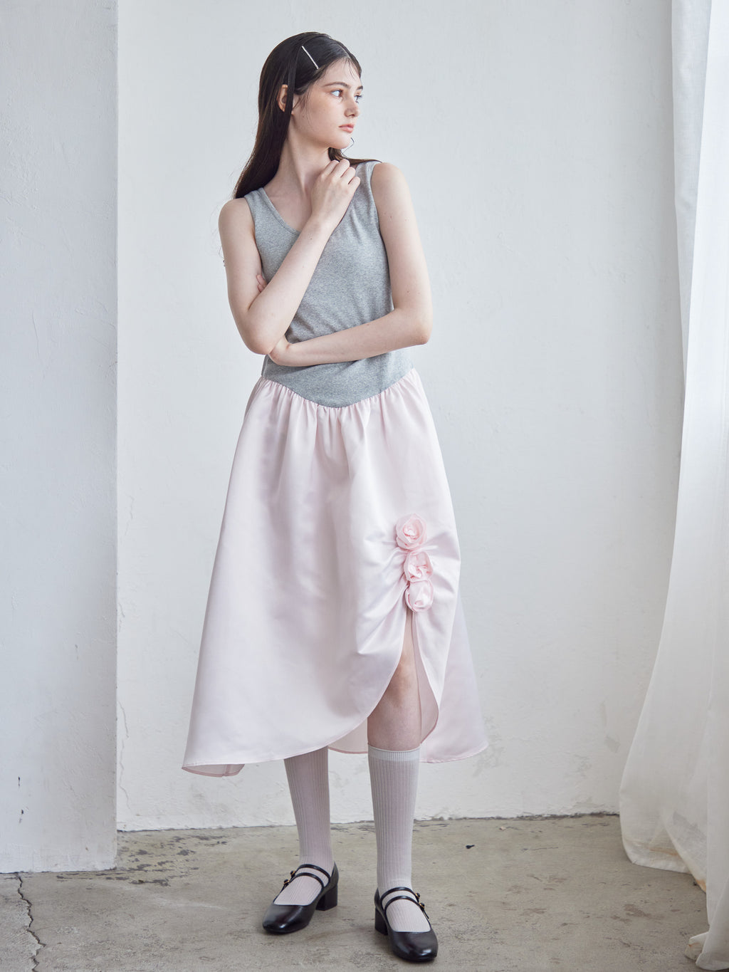Rose satin docking rib dress ピンク size:M model:170cm ALICE