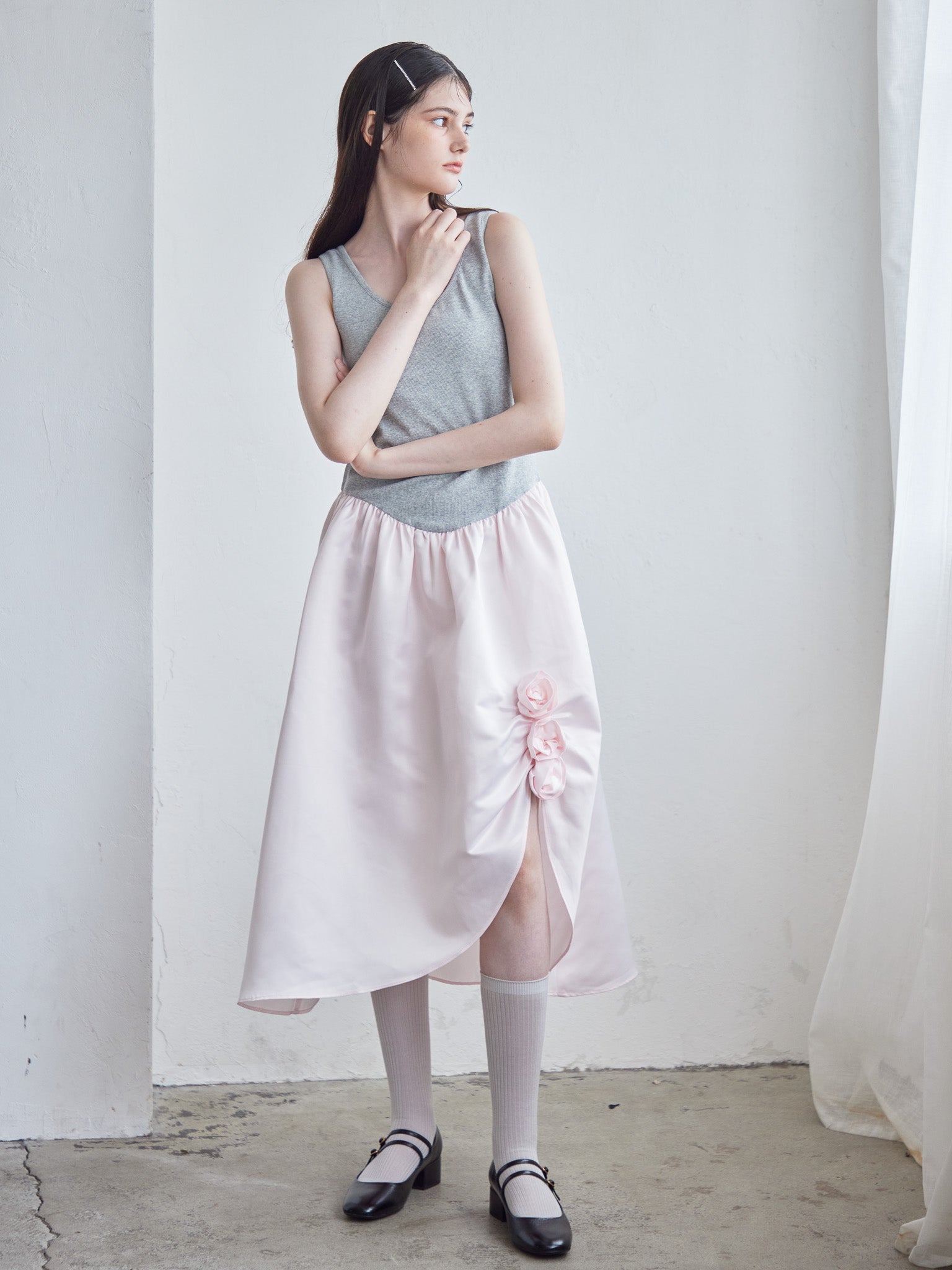 Rose satin docking rib dress ピンク size:M model:170cm ALICE