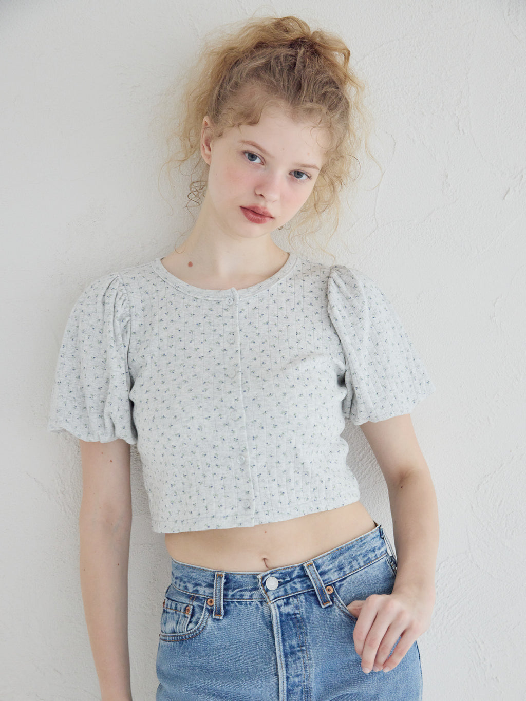 Tulle hem small floral print cardigan グレー size:M model:173cm Olesia