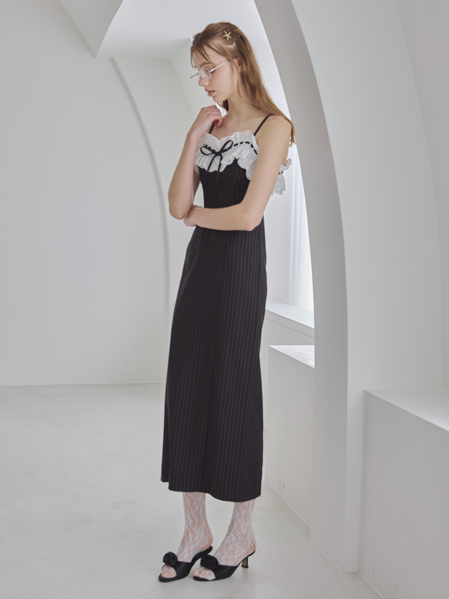 Lace ribbon stripe tight dress ブラック size:M model:175cm MARTA