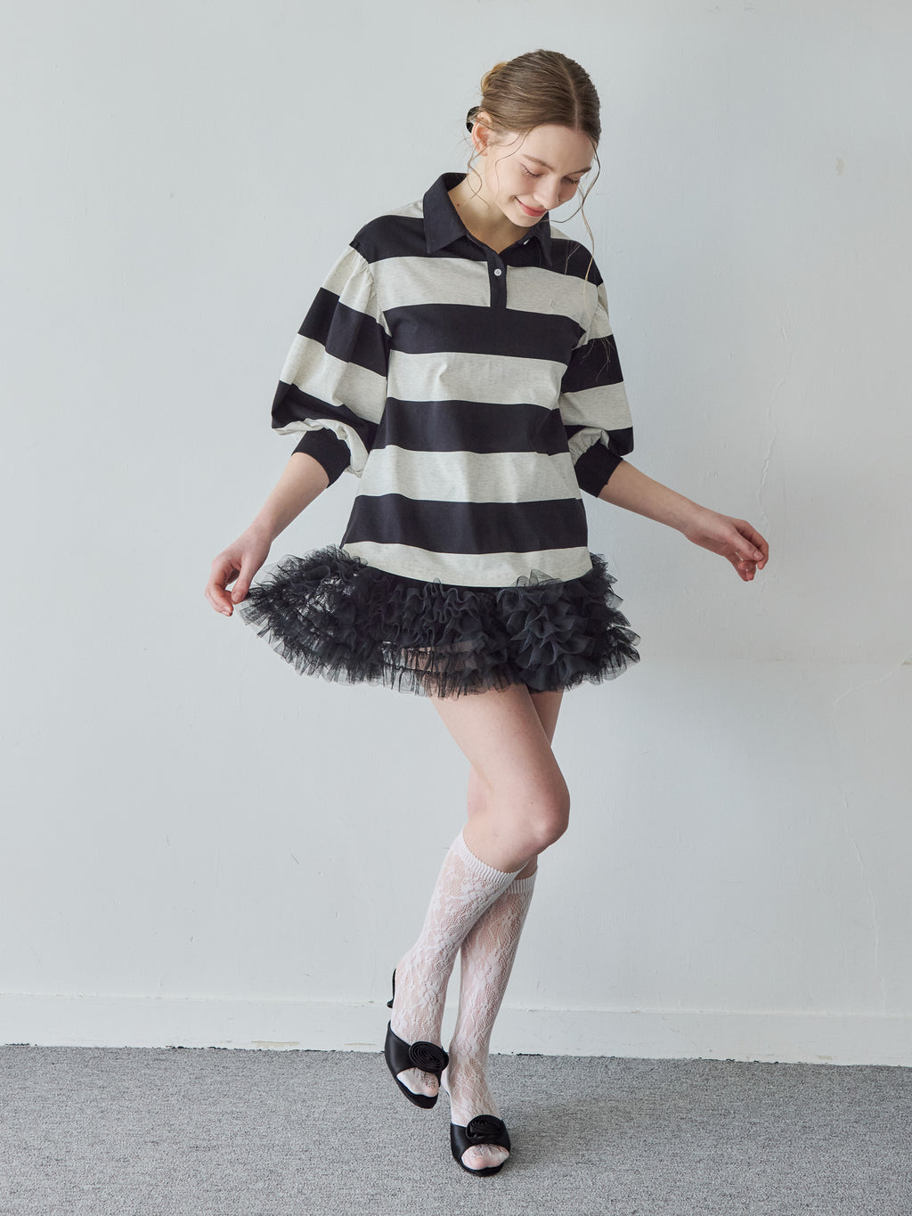 Rugby shirt and frill pants skirt ブラック size:M model:171cm ANIUTA