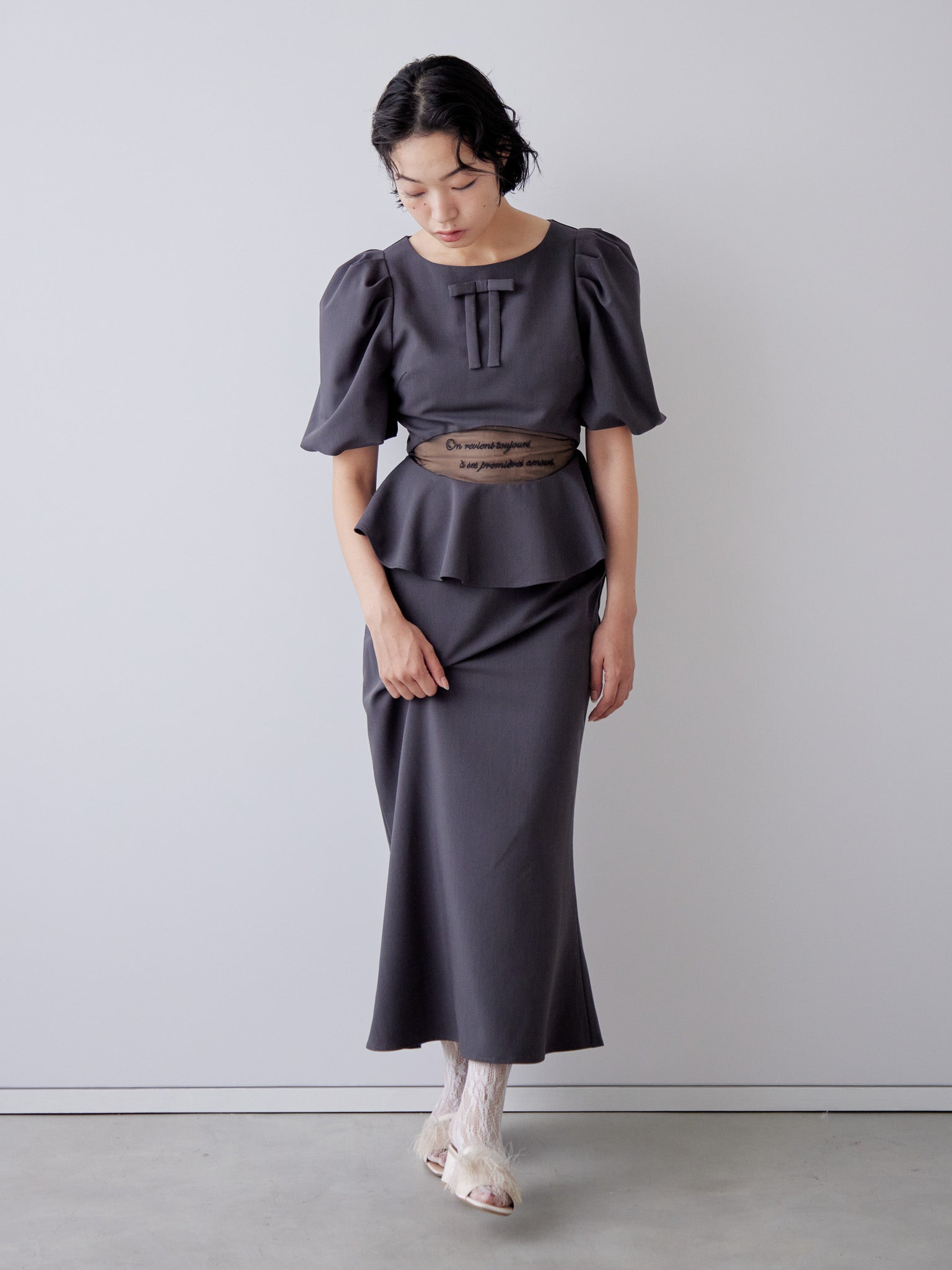 Sheer embroidered puff sleeve dress グレー size:M model:161cm 富樫かなえ