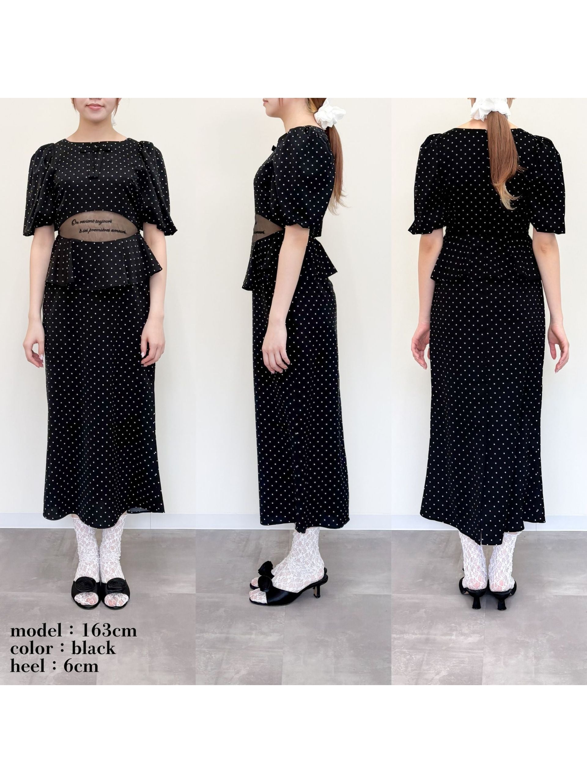 Sheer embroidered puff sleeve dress ドット