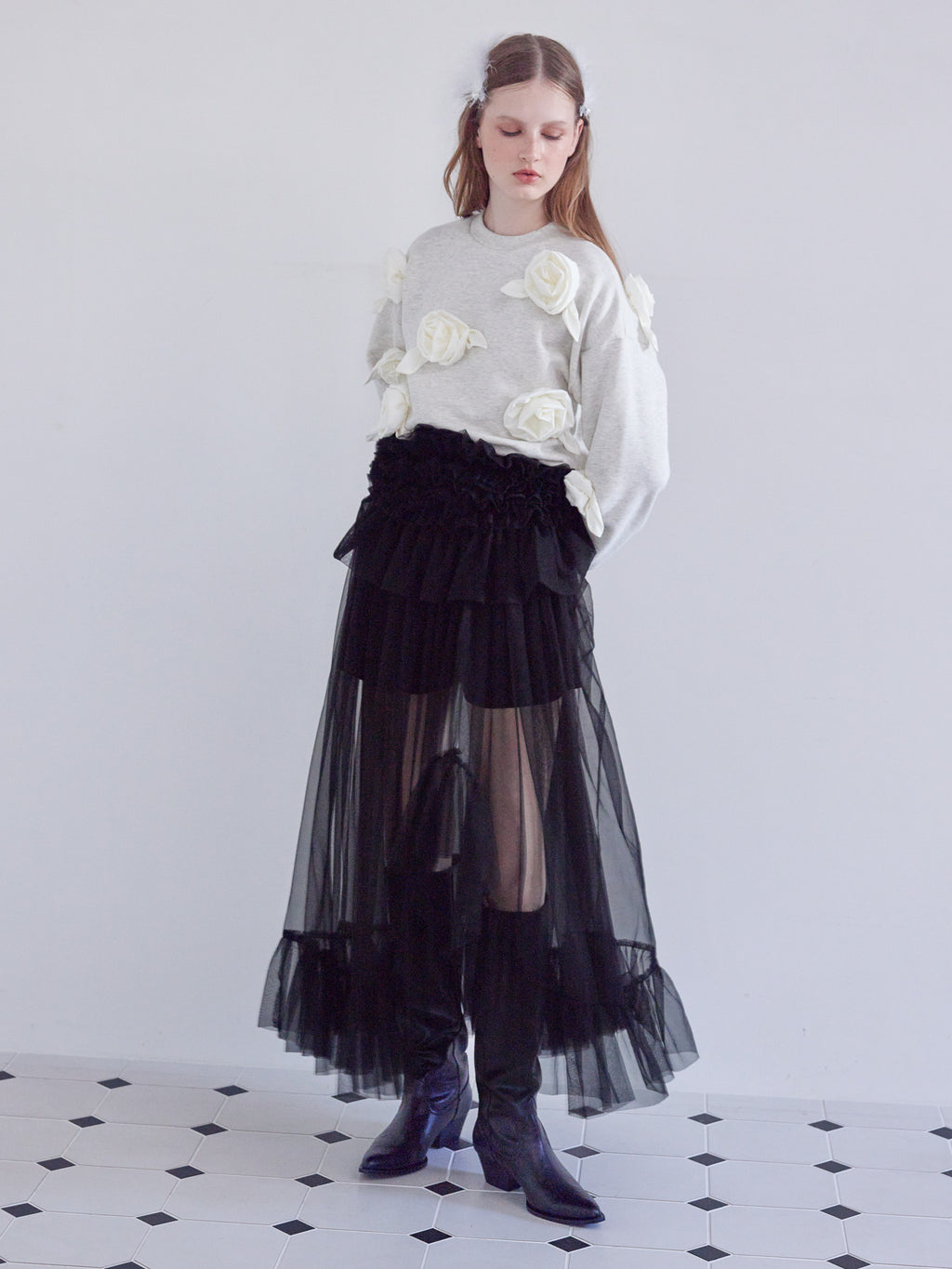 Frill tulle skirt & shorts set ブラック size:M model:173cm ALINA