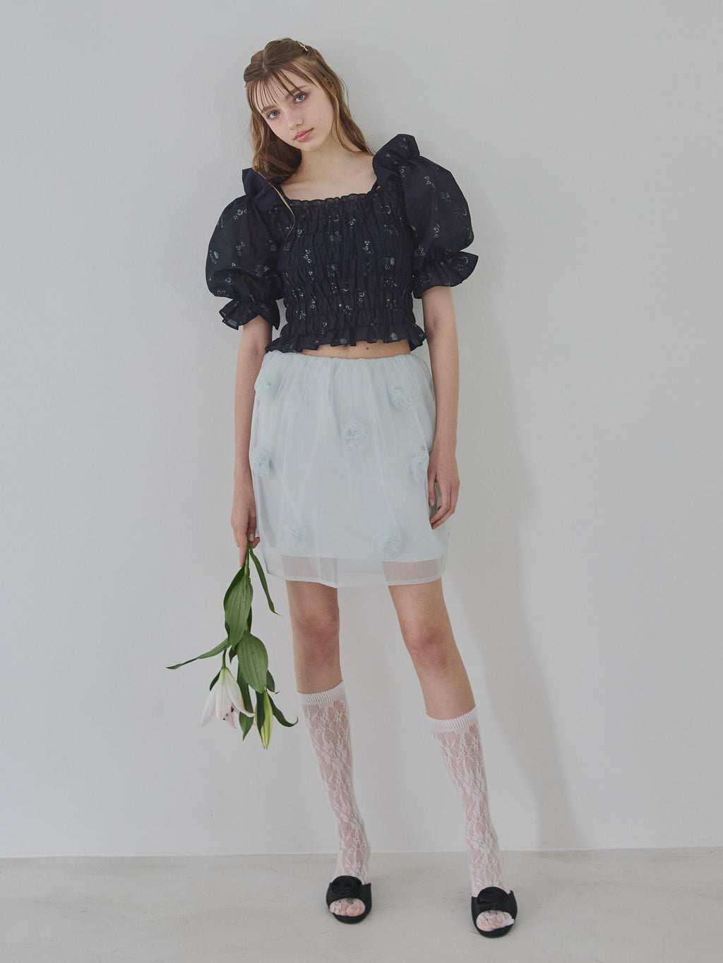 Sheer jacquard off shoulder blouse ネイビー size:M model:175cm MARTA
